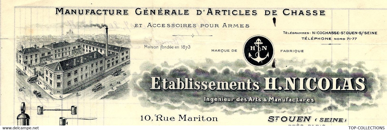 ARMES   1923 ENTETE MANUFACTURE ARICLES DE CHASSE  Ets H. NICOLAS Saint Ouen Paris Seine Pour Bompard Armurier à Semur - 1900 – 1949