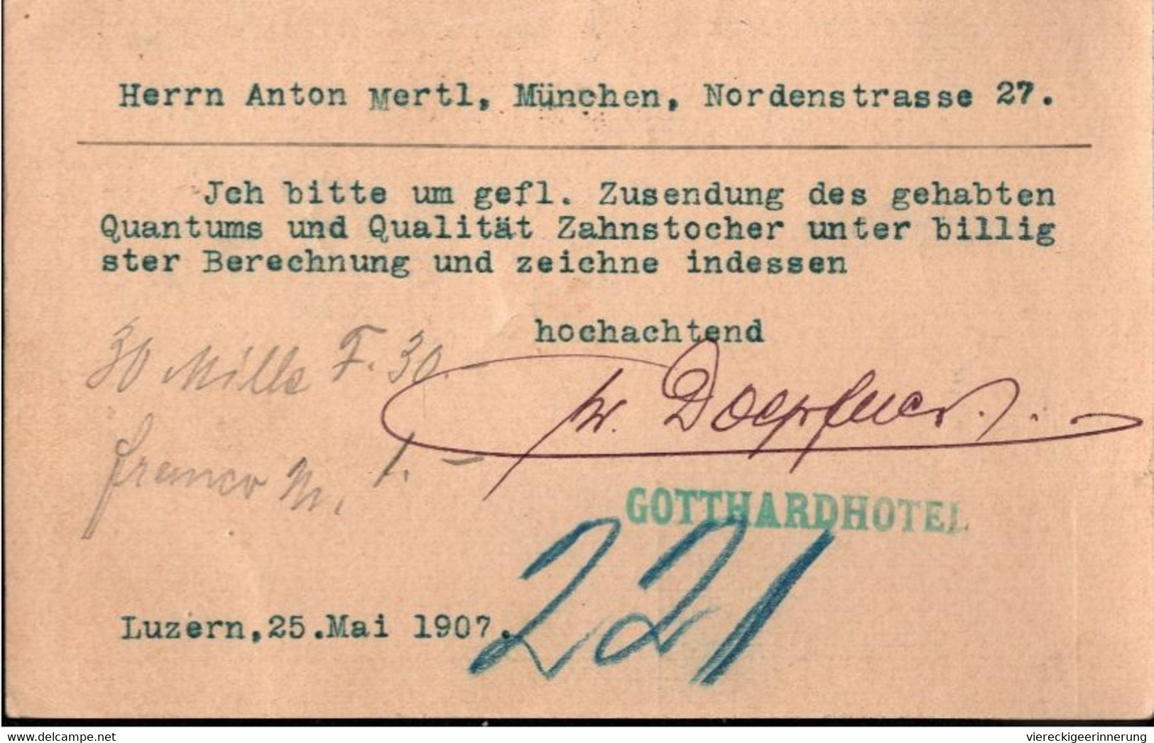 ! Lot von 6 Ganzsachen aus Luzern, Schweiz, 1902-1907, u.a. Abs. Stempel Hotel St. Gotthard, Bestellung für Zahnstocher