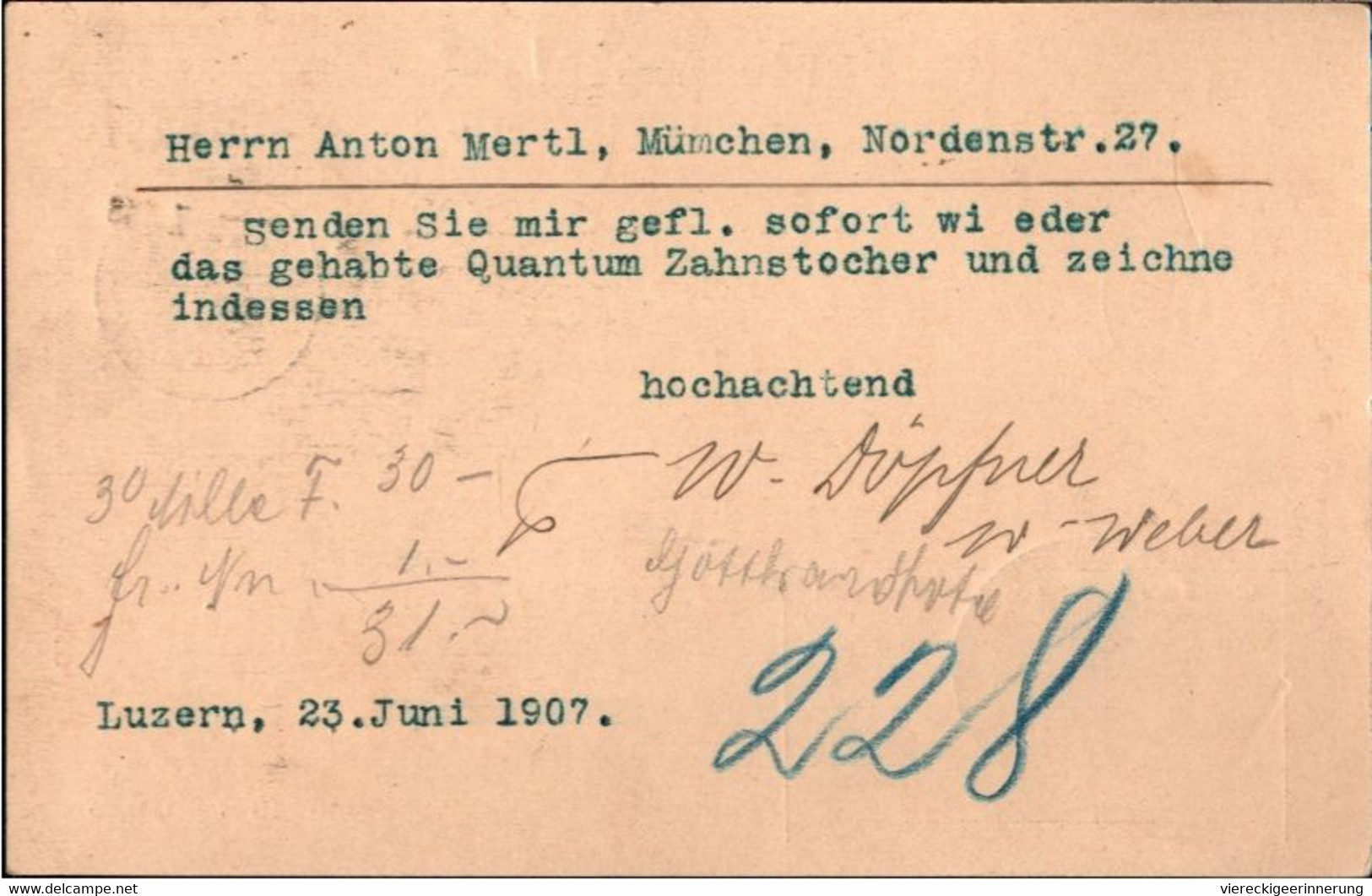 ! Lot von 6 Ganzsachen aus Luzern, Schweiz, 1902-1907, u.a. Abs. Stempel Hotel St. Gotthard, Bestellung für Zahnstocher