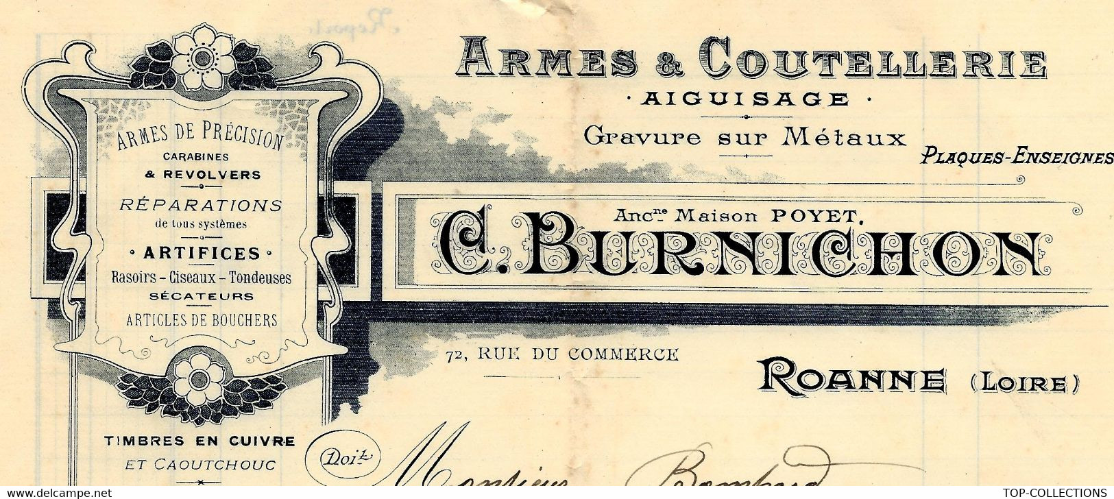 1921 ENTETE ARMES  De PRECISION CARABINES REVOLVERS ET COUTELLERIE C.Burnichon à Roanne Loire Pour Bompard Semur - 1900 – 1949