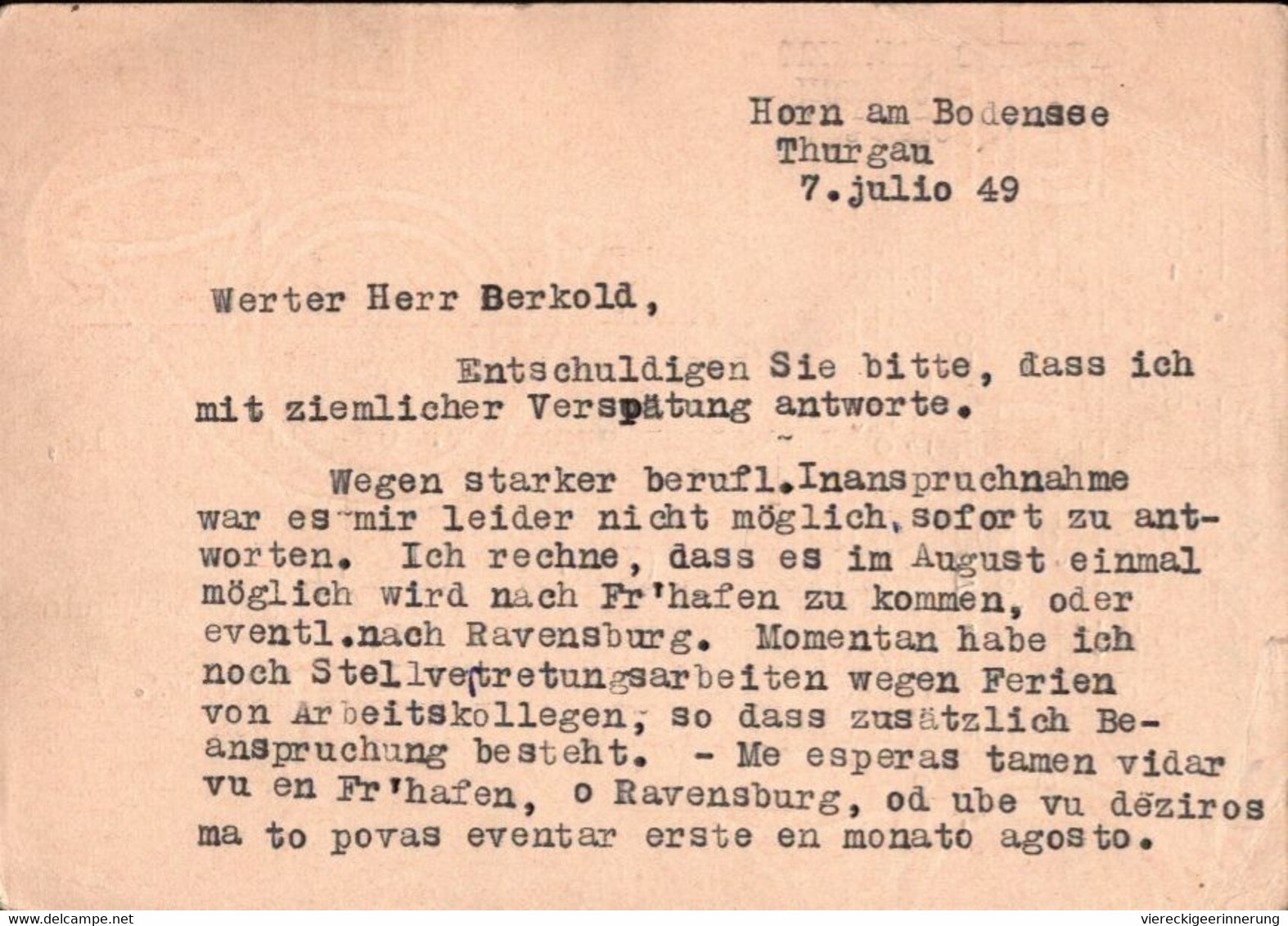 ! 1949 Ganzsache Aus Horn, Thurgau, Schweiz, Teilweise Geschrieben In IDO (Kunstsprache) - Autres & Non Classés