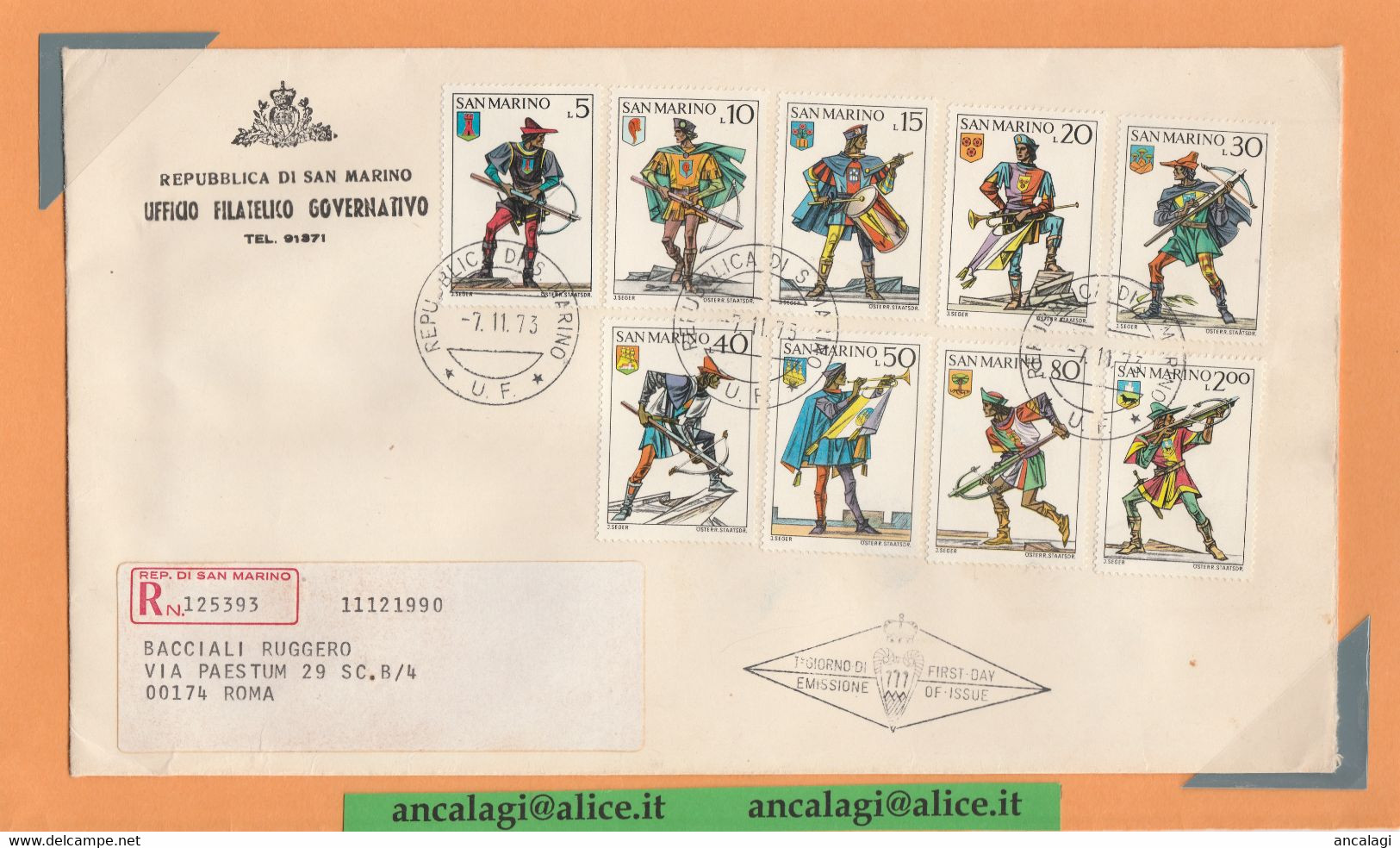 SAN MARINO 1973 - St.Post.042 - Busta FDC Raccomandata, "BALESTRIERI" Serie Di 9v. - Vedi Descrizione - - Cartas & Documentos