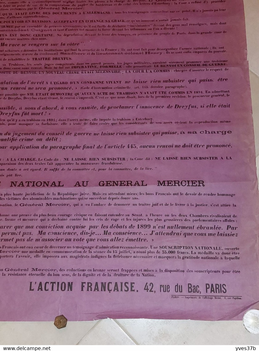 AFFICHE "Appel Au Pays Affaire Dreyfus - Action Française" - 85x123 - 1906 - Très RARE Vendu En L'état - Posters