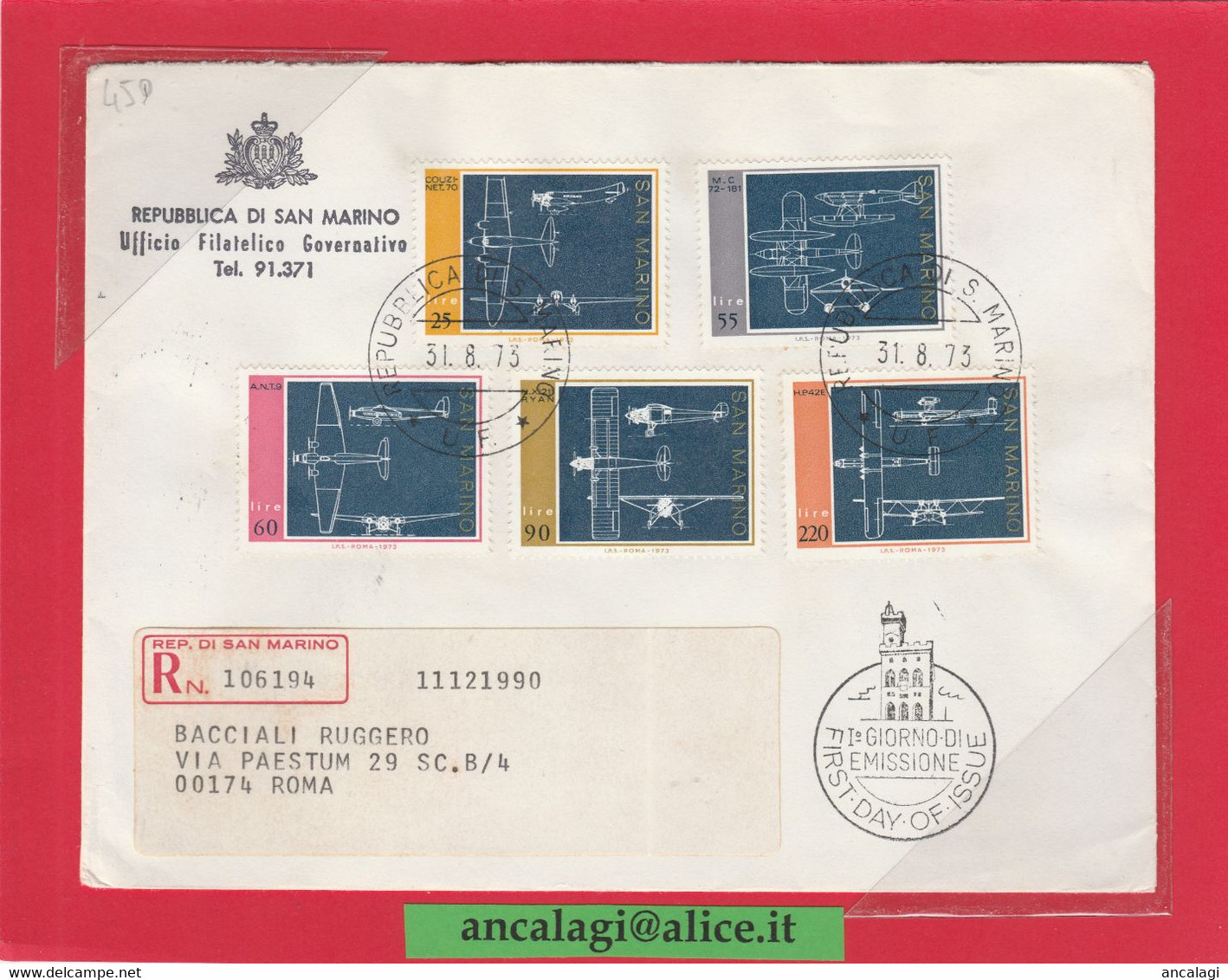 SAN MARINO 1973 - St.Post.044 - Busta FDC Raccomandata, "DISEGNI DI AEROPLANI" Serie Di 5v. - Vedi Descrizione - - Covers & Documents