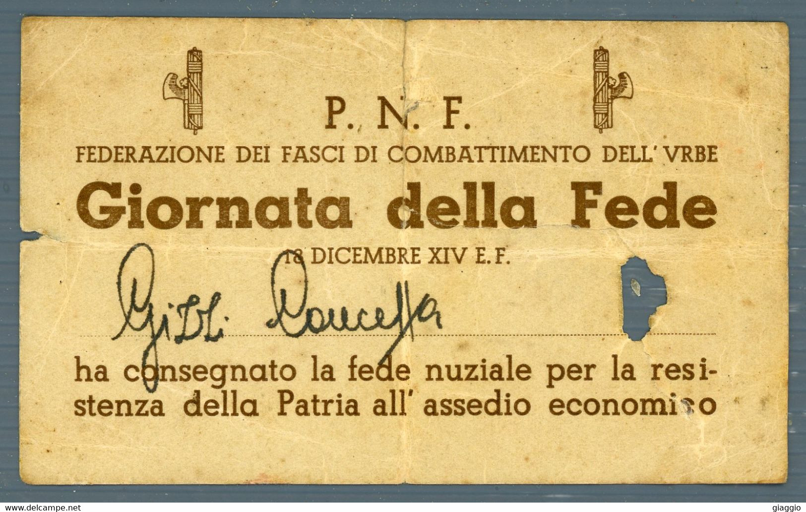 °°° Ricevuta N. 5228 - Oro Alla Patria Ricevuta ( Lacerazione ) °°° - 1939-45