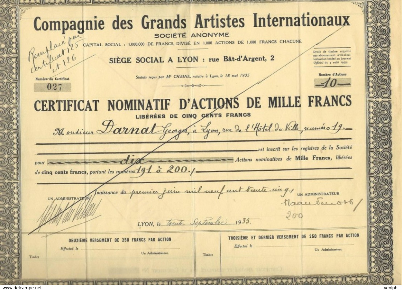 COMPAGNIE DES GRANDS ARTISTES INTERNATIONAUX -CERTIFICAT NOMINATIF D'ACTIONS DE 1000 FRS (DIVISE EN 1000 ACTIONS ) 1935 - Cinéma & Théatre