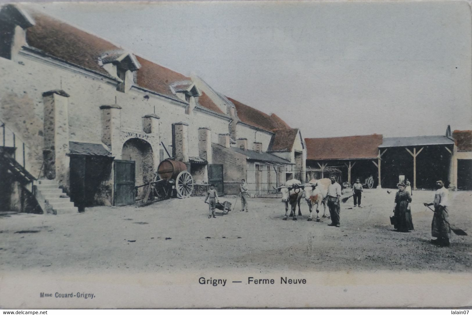 C. P. A. Couleur : 91 : GRIGNY : Ferme Neuve, Animé, Attelage De Boeufs, Timbres En 1906 - Grigny