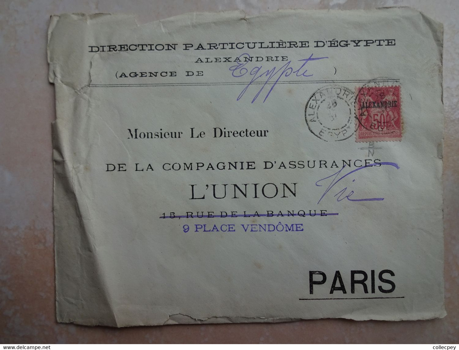 EGYPTE Enveloppe Lettre ALEXANDRIE Timbre Français 50 Centimes Avec Surcharge Alexandrie - Lettres & Documents