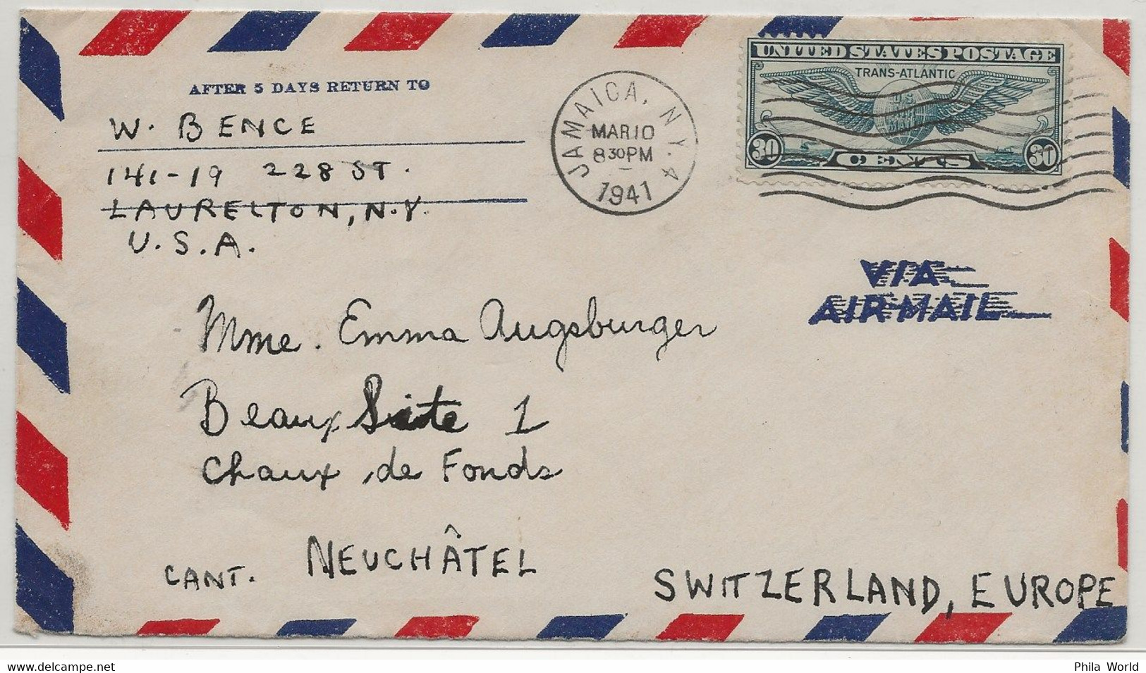 PANAM PAA 1941 USA United States Postage New-York Jamaica Air Mail Cover To SWITZERLAND Chaux De Fonds - Avions