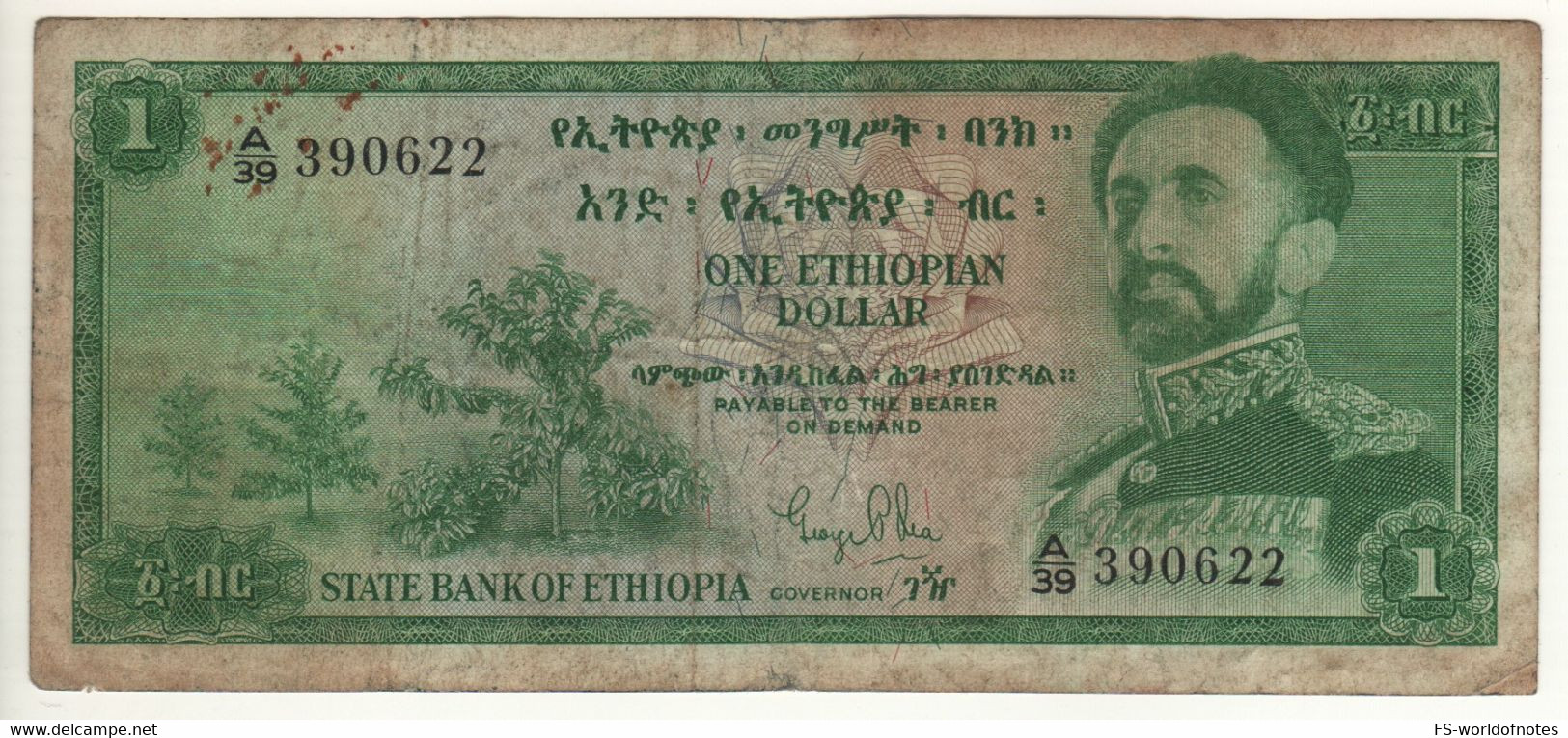 ETHIOPIA  1  Ethiopian Dollar   P18a  ( ND 1961 )    ( Emperor Haile Selassie I, Coffee Bushes + Arms At Back ) - Aethiopien