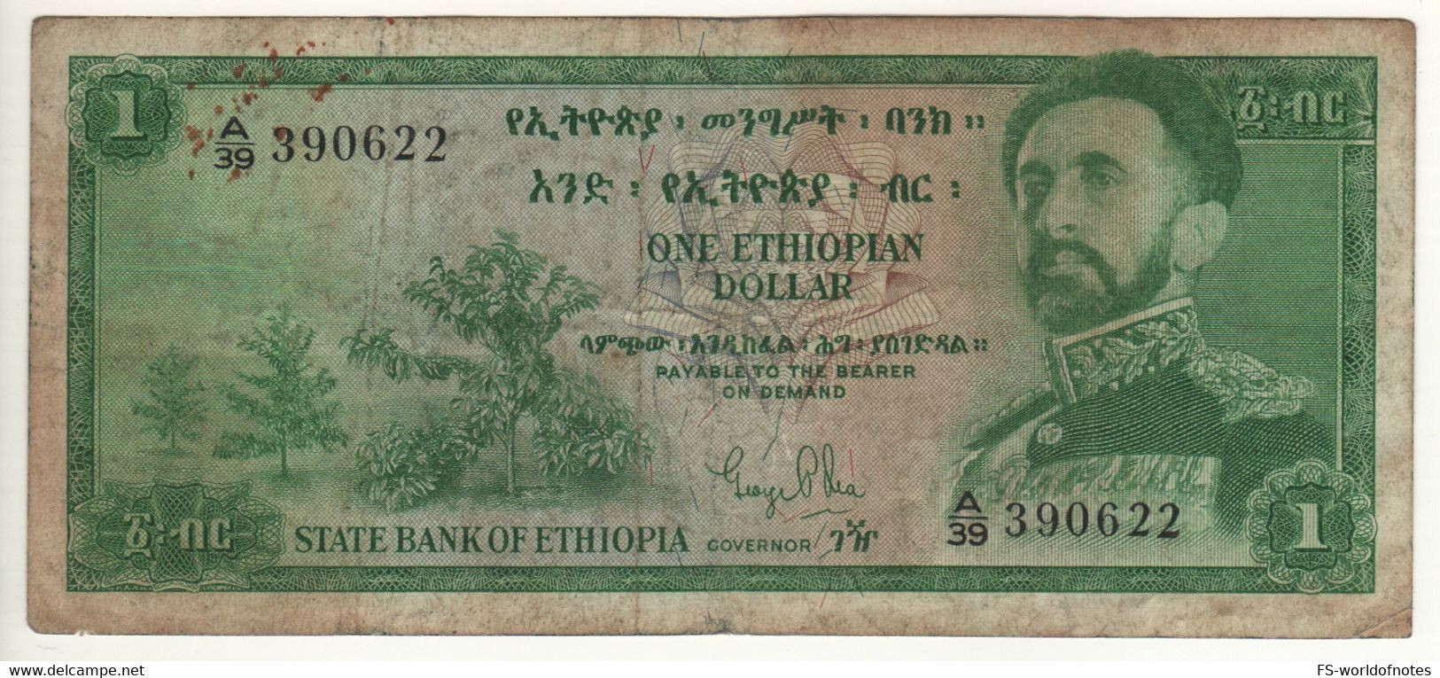 ETHIOPIA  1  Ethiopian Dollar   P18a  ( ND 1961 )    ( Emperor Haile Selassie I, Coffee Bushes + Arms At Back ) - Ethiopia