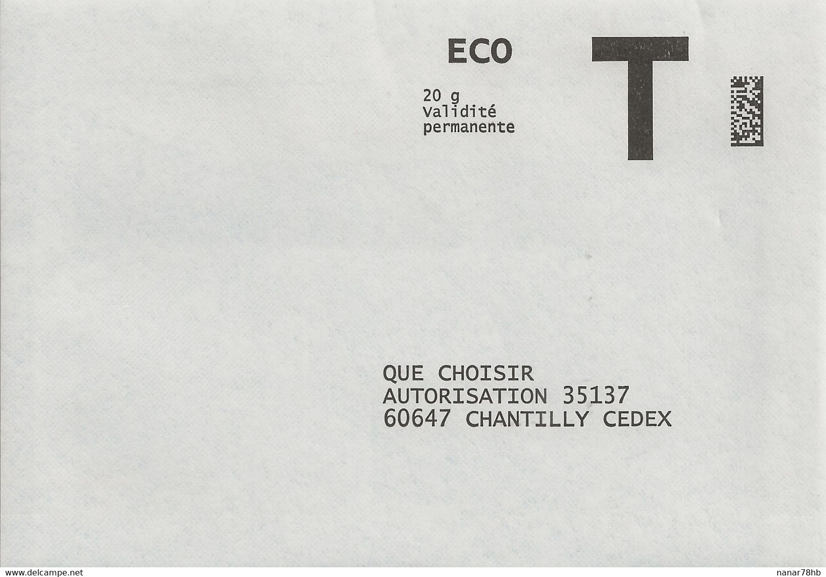 Lettre T, Eco 20g, Que Choisir (revue) - Cartas/Sobre De Respuesta T