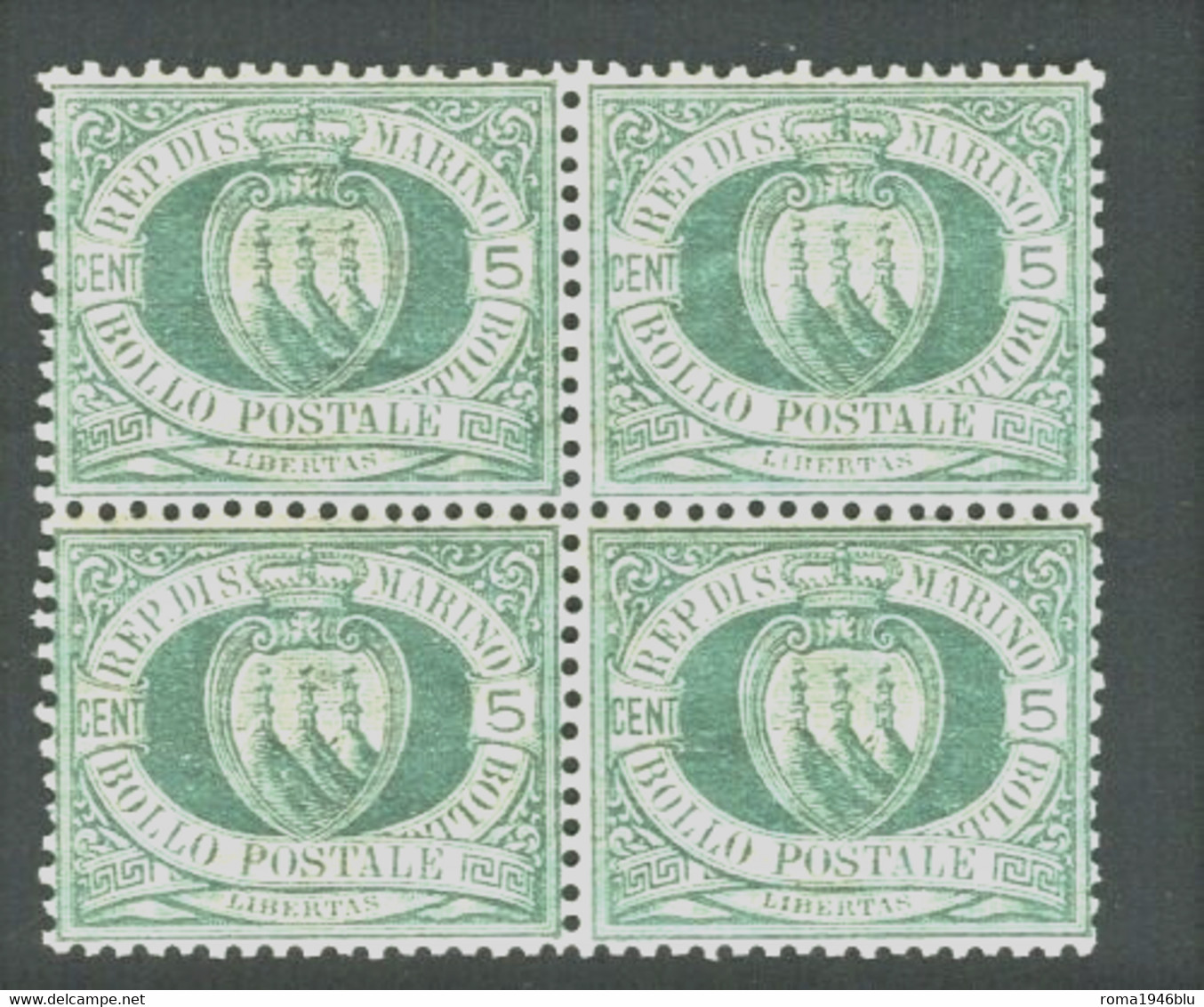 SAN MARINO 1894 CIFRA 5 C. ** MNH CENTRATISSIMA QUARTINA - Unused Stamps