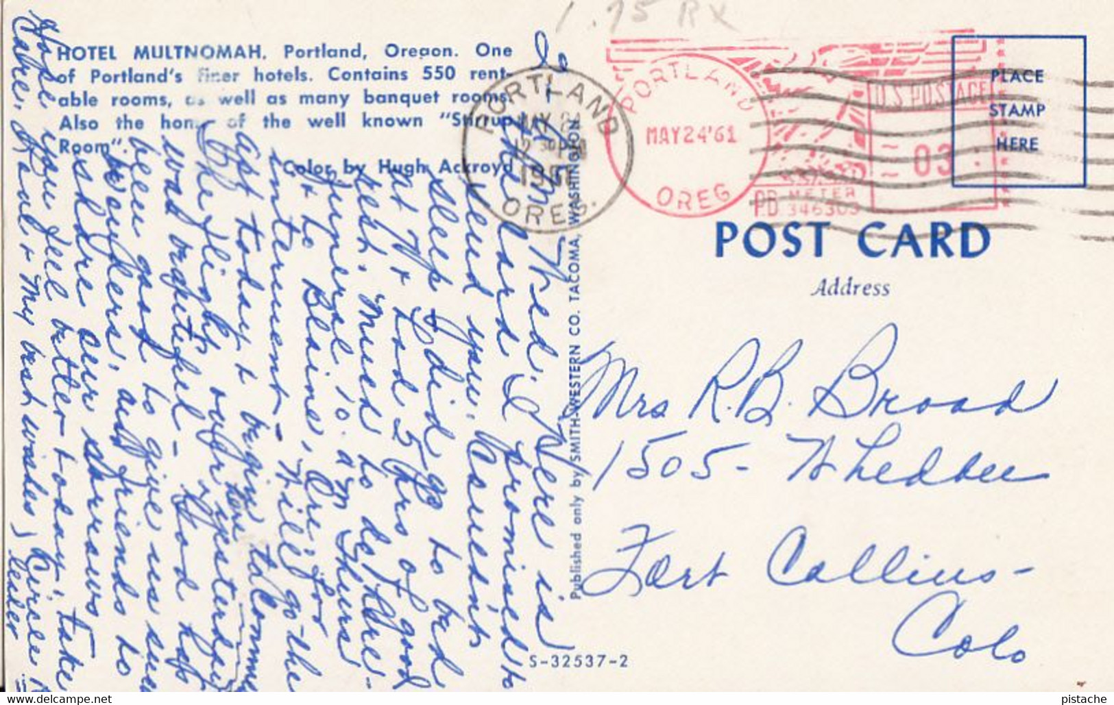 3561 – Portland Oregon – Hotel Multnomah – Cars 1960-1965 – Written Postmark 1961 - VG Condition – 2 Scans - Portland