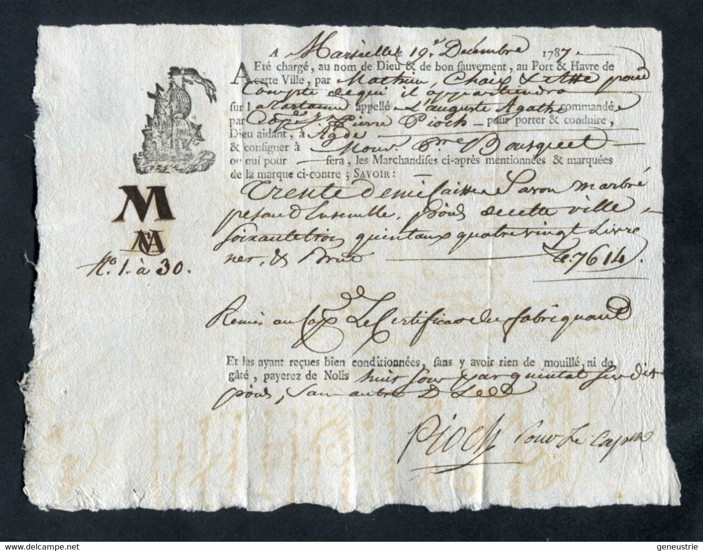 Connaissement XVIIIe - Lettre De Voiture Ou De Roulage 1787 Marseille Pour Agde (Hérault) - Bill Of Lading - ... - 1799