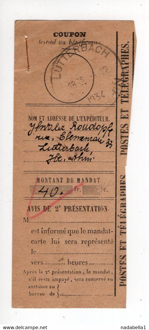 1934. SWITZERLAND,LUTTERBACH,POST AND TELEGRAPH PAYMENT RECEIPT - Other & Unclassified