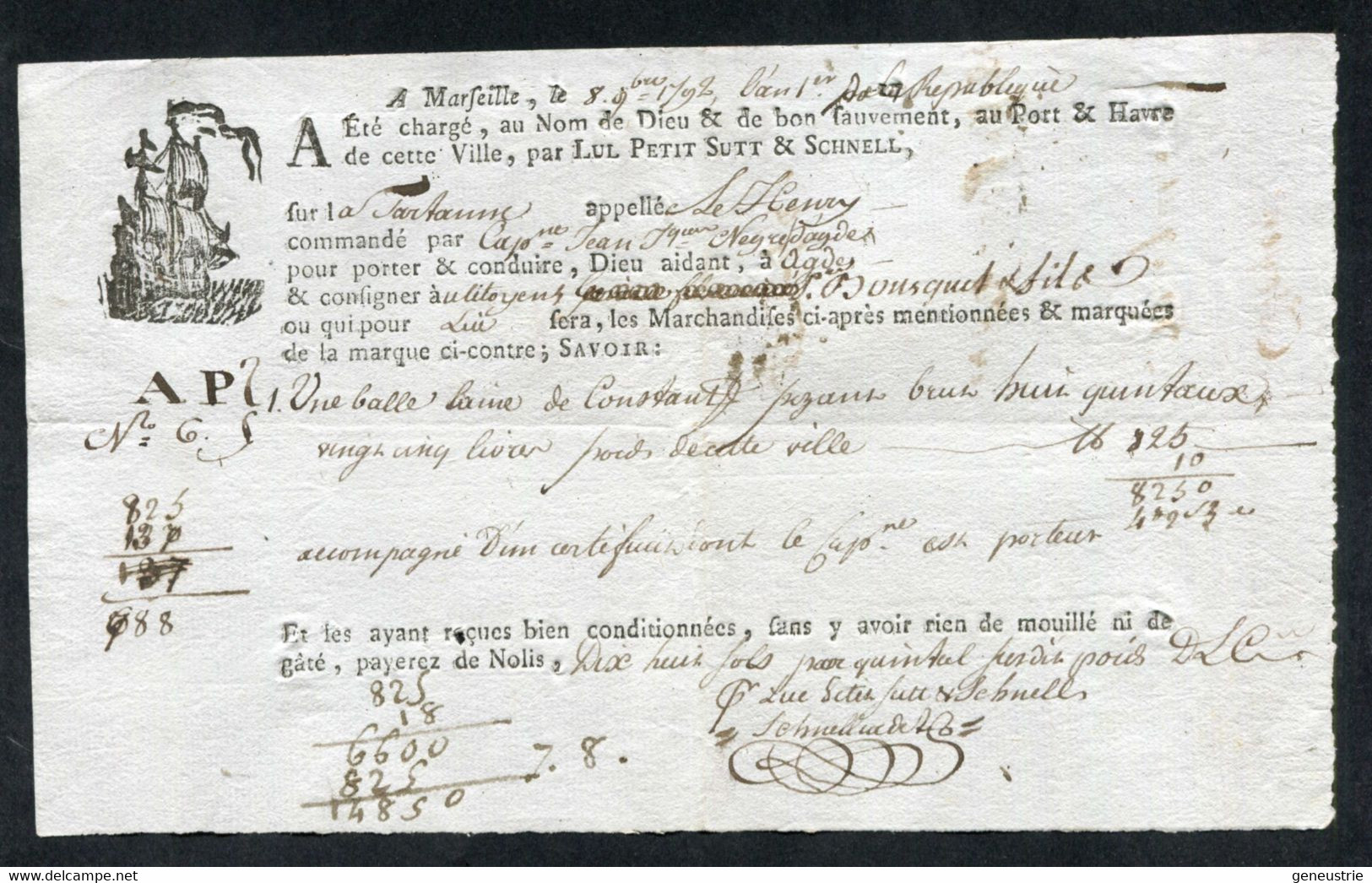 Connaissement XVIIIe - Lettre De Voiture Ou De Roulage An 1er 1792 Marseille Pour Agde (Hérault) - Bill Of Lading - ... - 1799