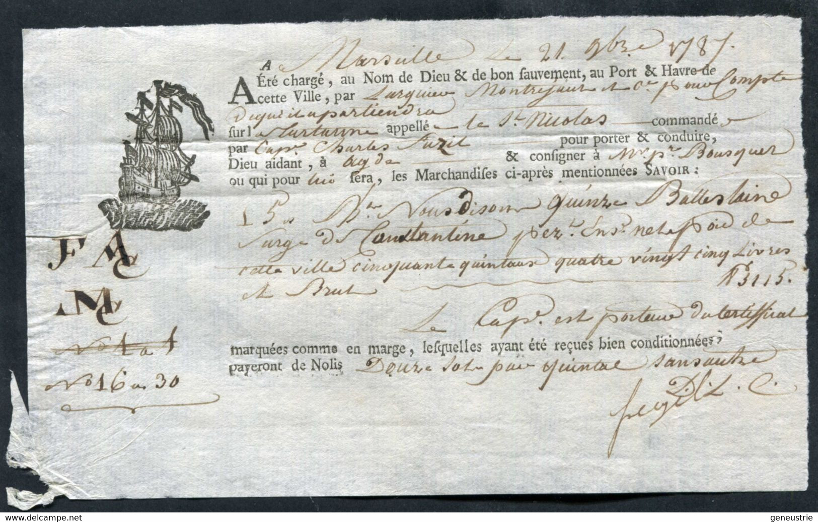 Connaissement XVIIIe - Lettre De Voiture Ou De Roulage 1787 Marseille Pour Agde (Hérault) - Bill Of Lading - ... - 1799