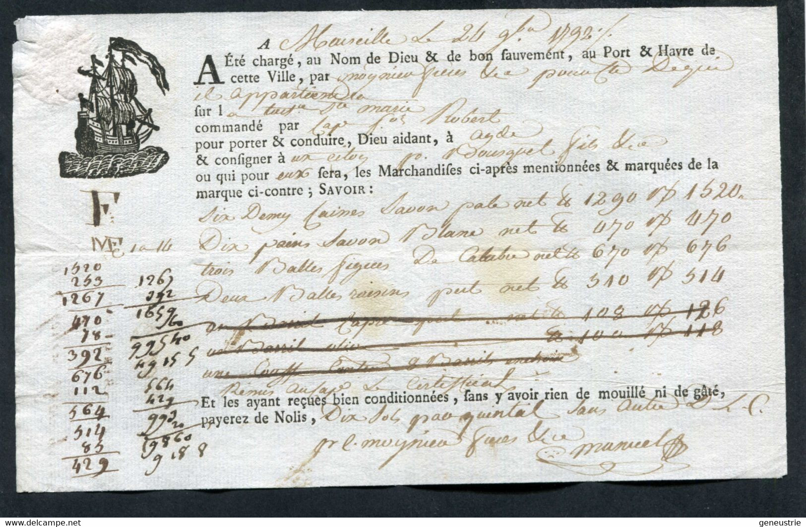 Connaissement XVIIIe - Lettre De Voiture Ou De Roulage 1792 Marseille Pour Agde (Hérault) - Bill Of Lading - ... - 1799