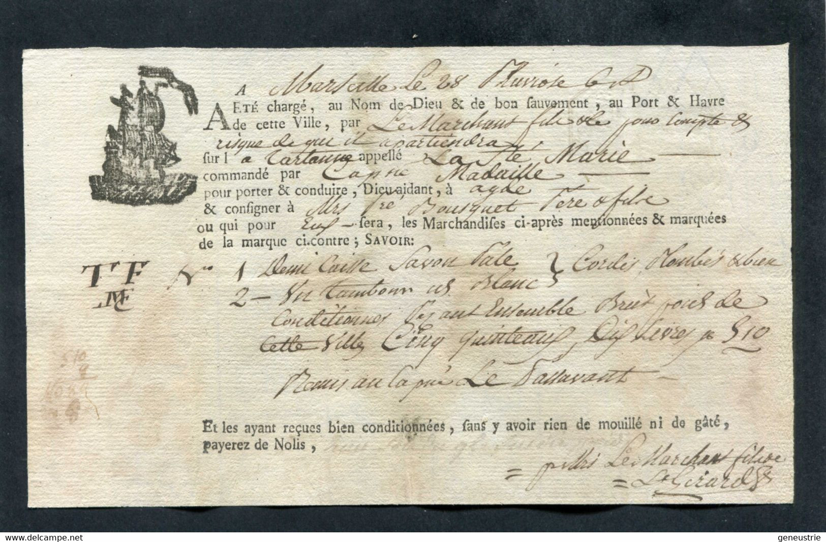 Connaissement XVIIIe - Lettre De Voiture Ou De Roulage An 6 1798 Marseille Pour Agde (Hérault) - Bill Of Lading - ... - 1799