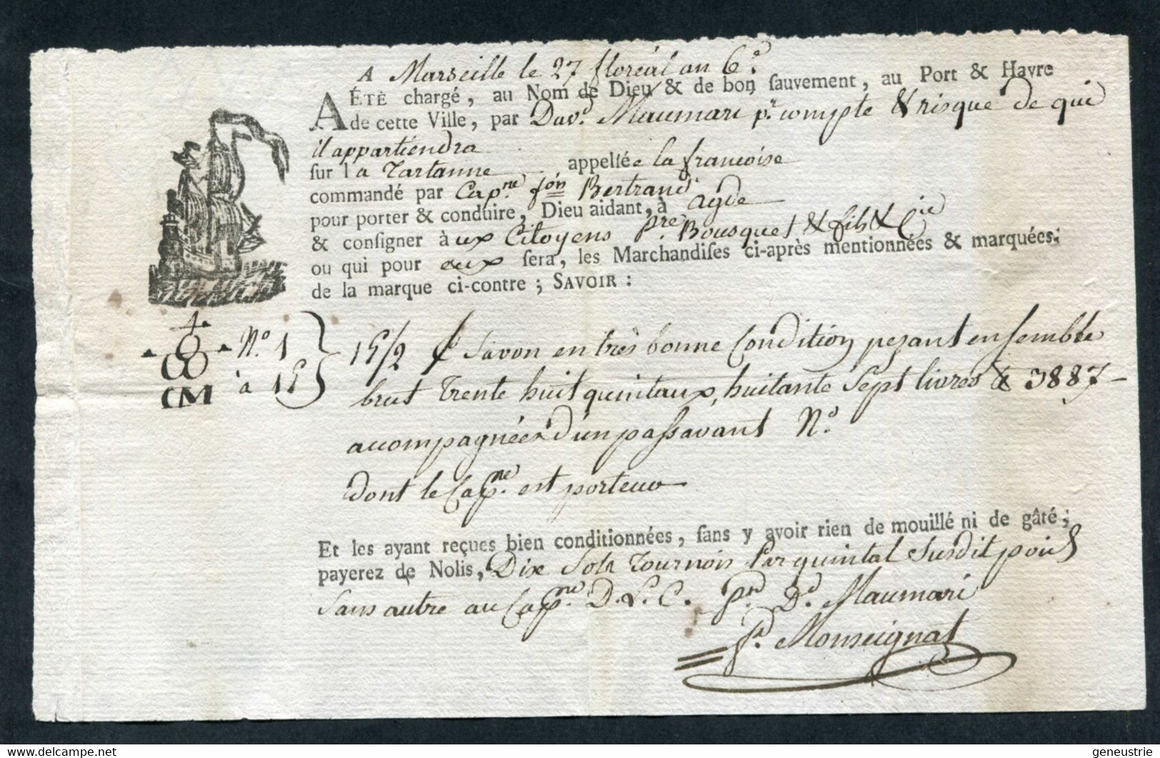 Connaissement XVIIIe - Lettre De Voiture Ou De Roulage An 6 1798 Marseille Pour Agde (Hérault) - Bill Of Lading - ... - 1799