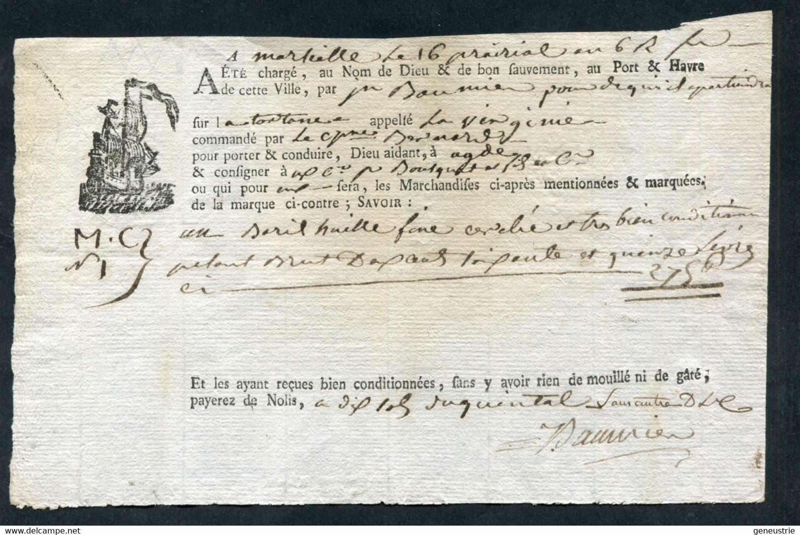 Connaissement XVIIIe - Lettre De Voiture Ou De Roulage An 6 1798 Marseille Pour Agde (Hérault) - Bill Of Lading - Cachet - ... - 1799