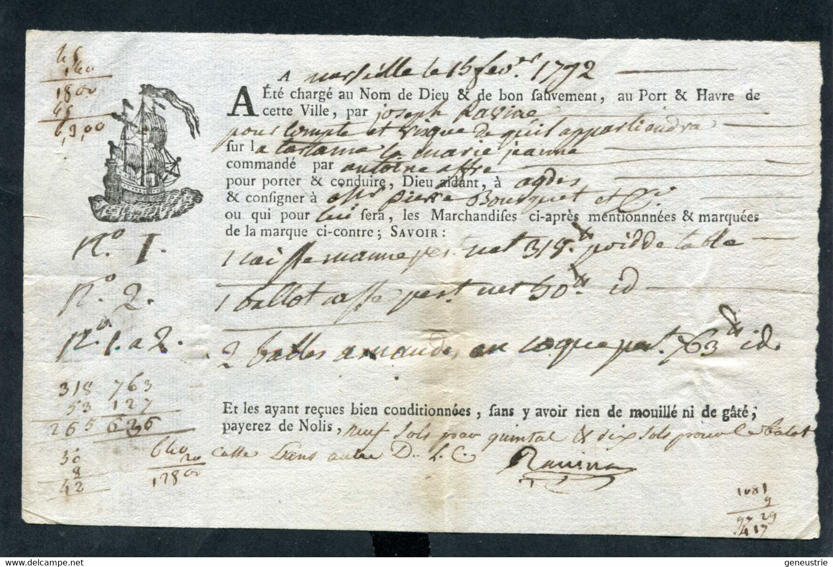 Connaissement XVIIIe - Lettre De Voiture Ou De Roulage 1792 Marseille Pour Agde (Hérault) - Bill Of Lading - ... - 1799