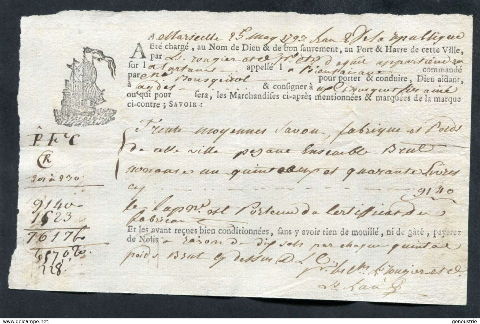 Connaissement XVIIIe - Lettre De Voiture Ou De Roulage An 2 1793 Marseille Pour Agde (Hérault) - Bill Of Lading - ... - 1799