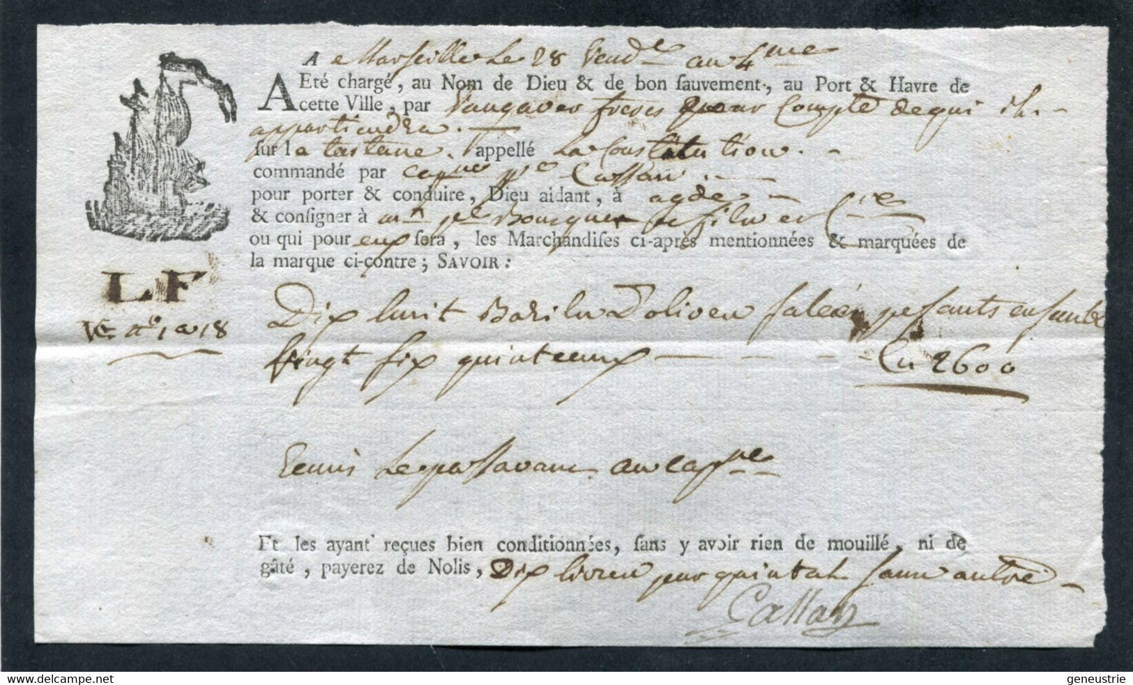 Connaissement XVIIIe - Lettre De Voiture Ou De Roulage An 4 - 1795 Marseille Pour Agde (Hérault) - Bill Of Lading - ... - 1799