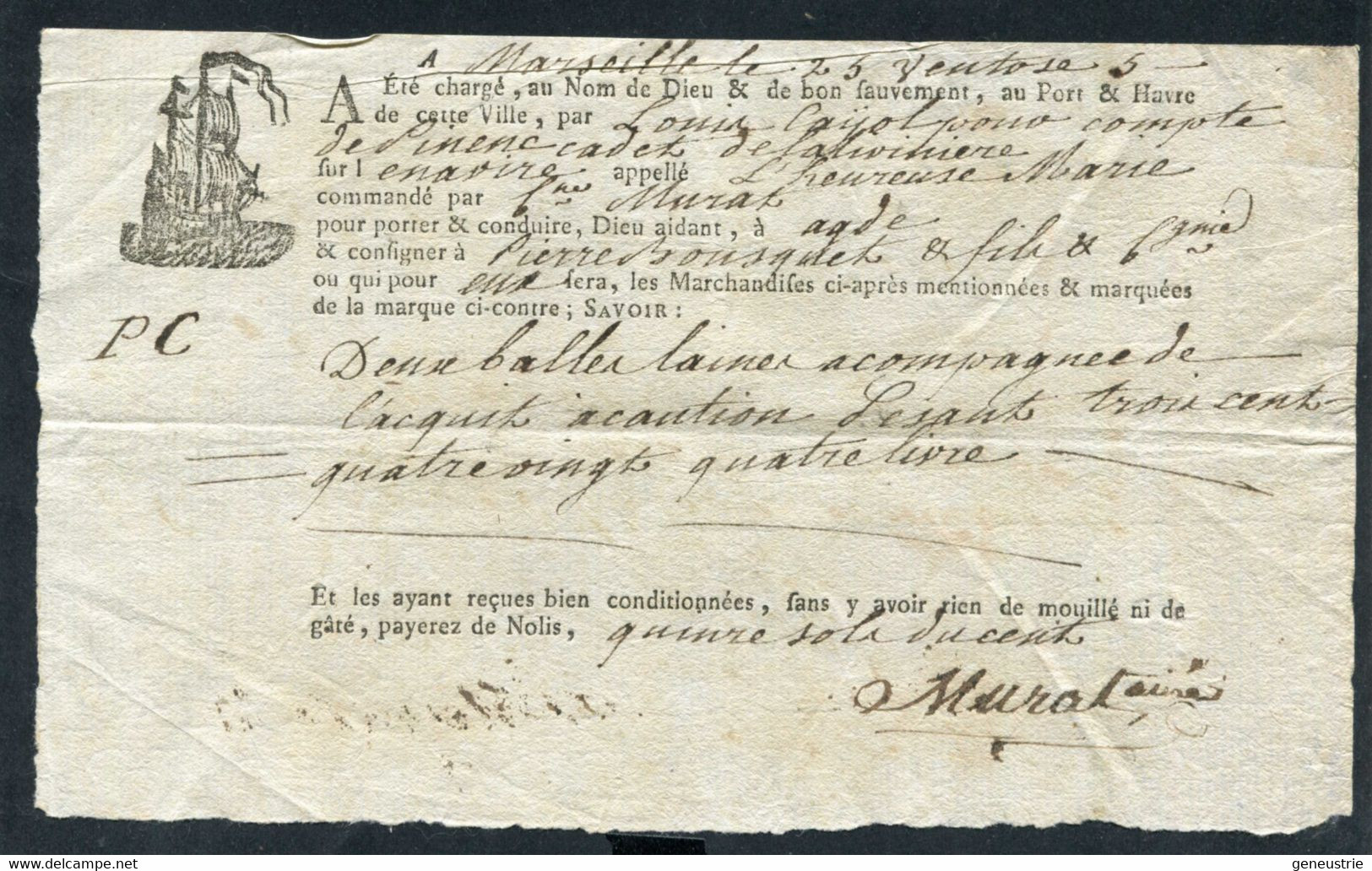 Connaissement XVIIIe - Lettre De Voiture Ou De Roulage An 5 - 1797 Marseille Pour Agde (Hérault) - Bill Of Lading - ... - 1799