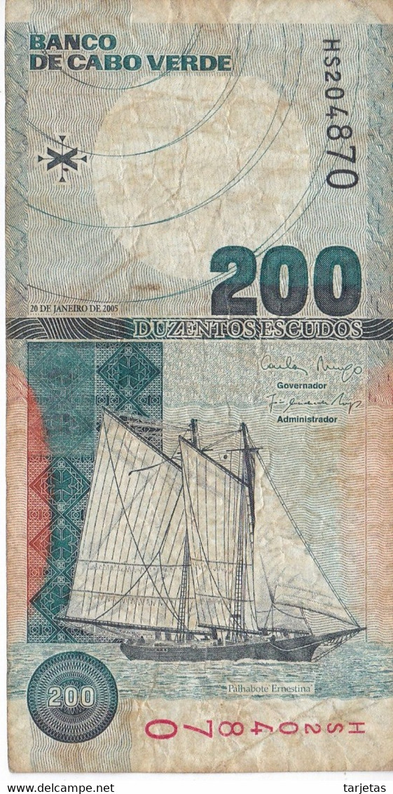 BILLETE DE CABO VERDE DE 200 ESCUDOS DEL AÑO 2005 BARCO-SHIP (BANKNOTE-BANK NOTE) - Kaapverdische Eilanden