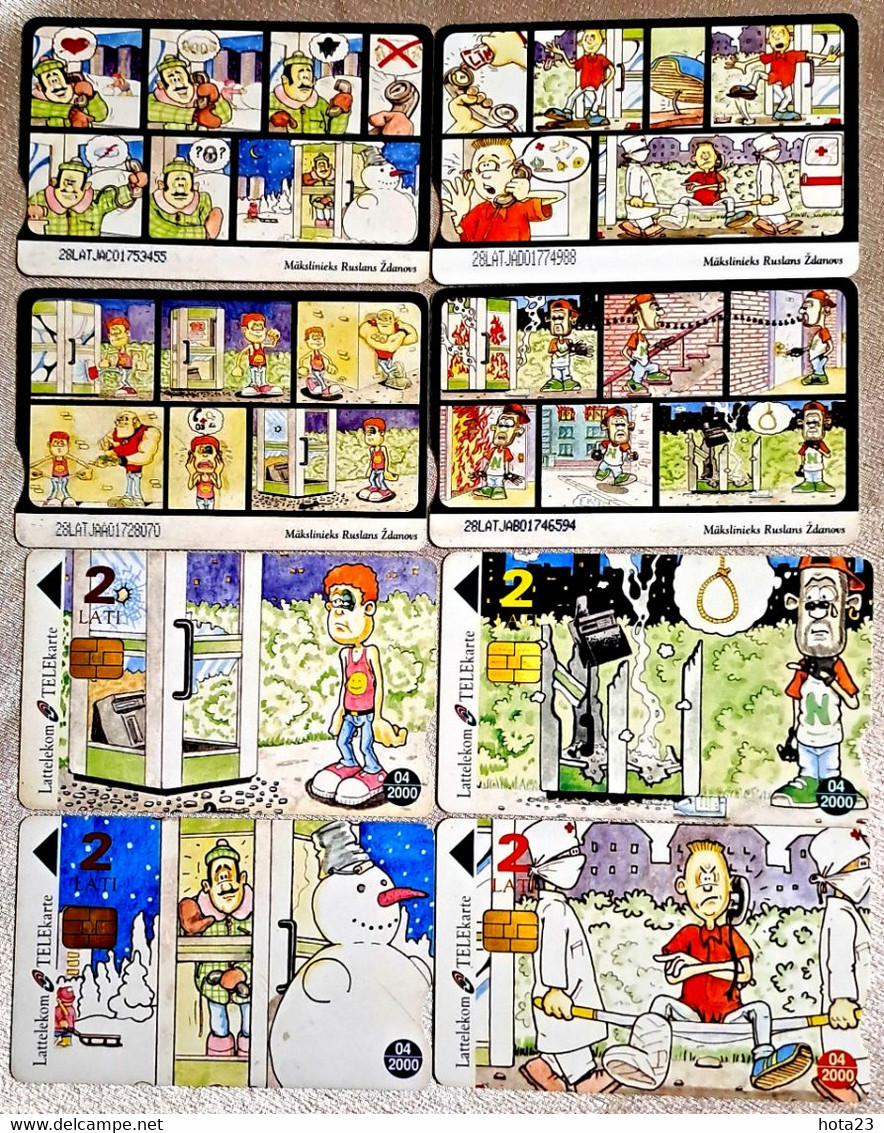 Latvia Phone Cards Set Comic Snowman, Ambulance, Red Cross, Fire, Broken Phone - Lettonia