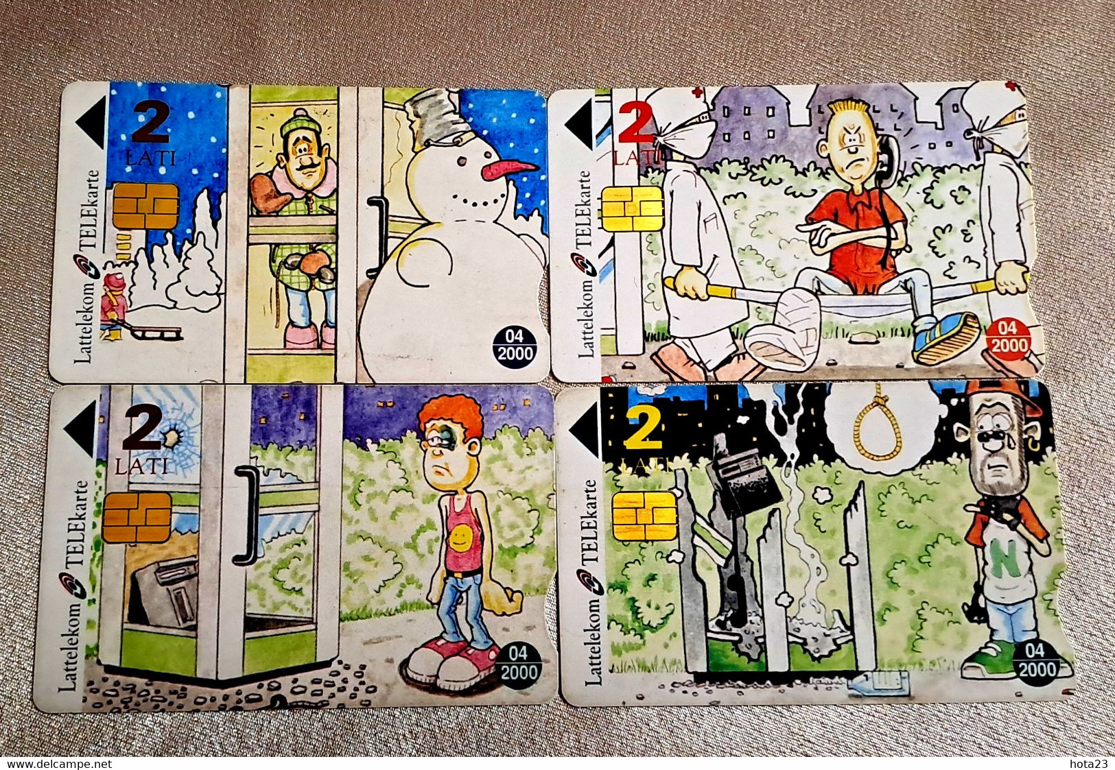 Latvia Phone Cards Set Comic Snowman, Ambulance, Red Cross, Fire, Broken Phone - Lettonia