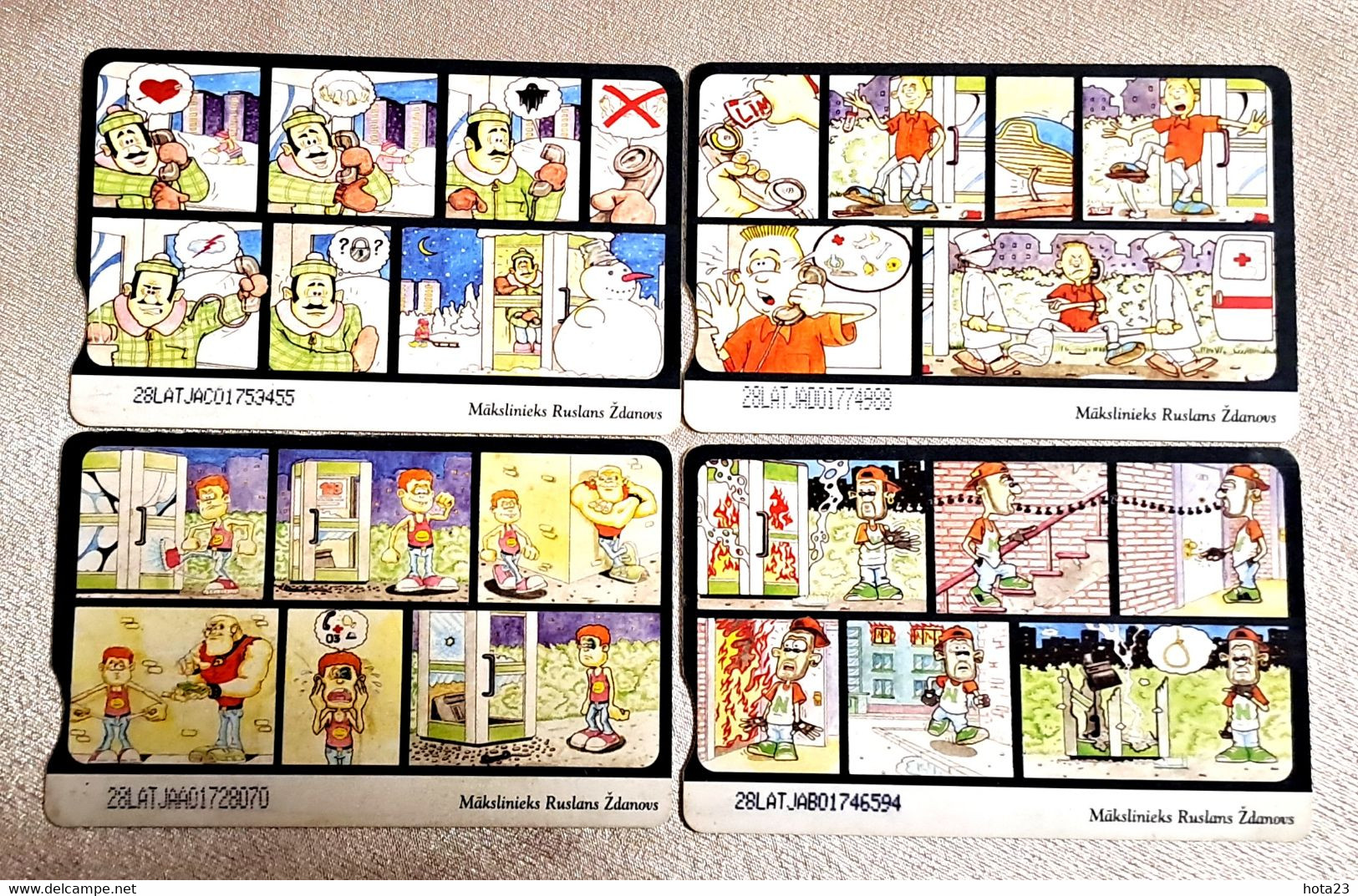 Latvia Phone Cards Set Comic Snowman, Ambulance, Red Cross, Fire, Broken Phone - Lettonia