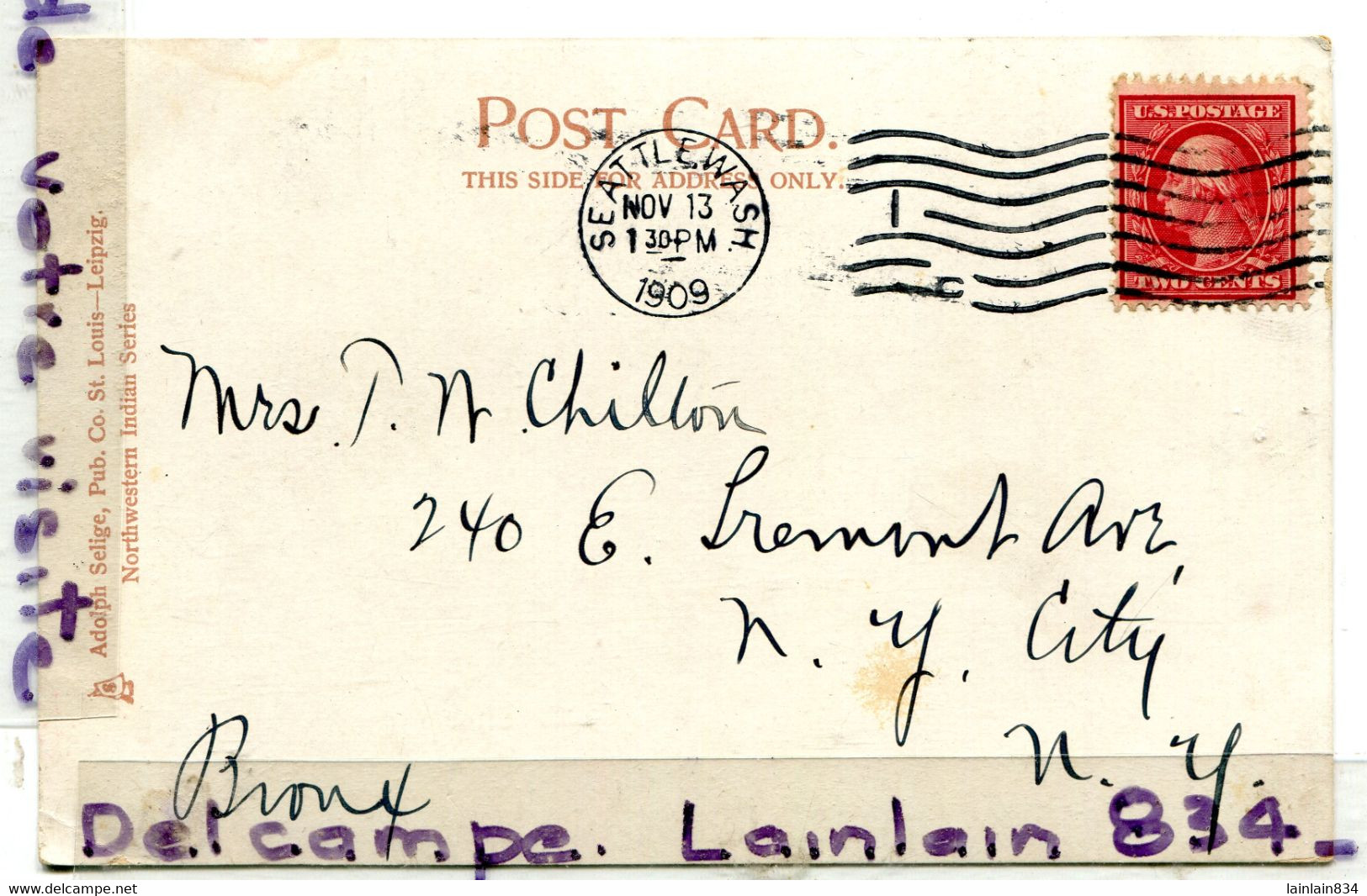 - 3618 - Seattle - ( Washington ), Return Of The Whale Puget Sound Indians, écrite, 1909, Cachet Seatlewash,  Scans. . - Seattle