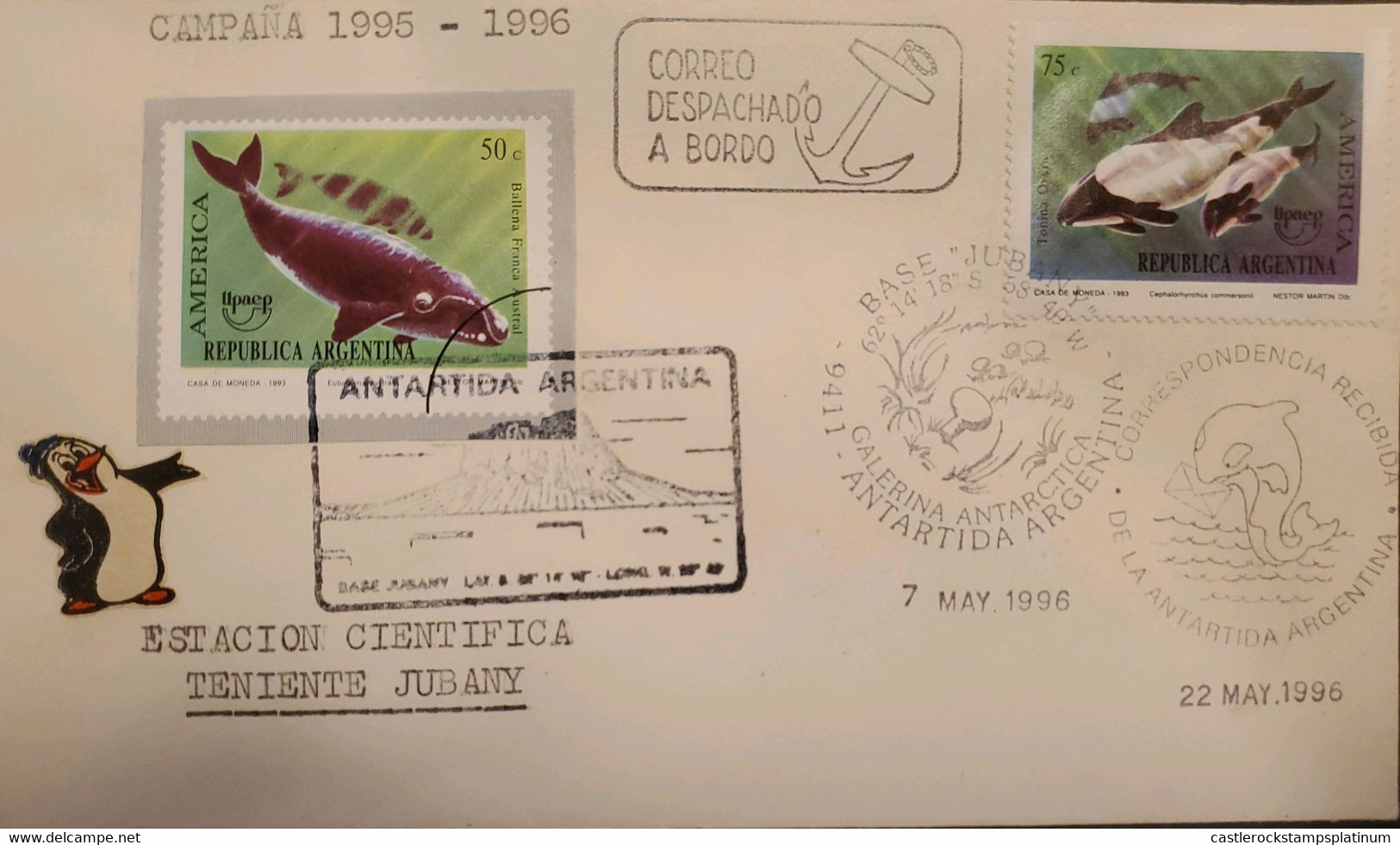 A) 1996, ARGENTINA, UPAEP, ANTARCTICA, MAIL DISPATCHED ON BOARD, TENIENTE JUBANY SCIENTIFIC STATION, MARINE ANIMALS, XF - Storia Postale