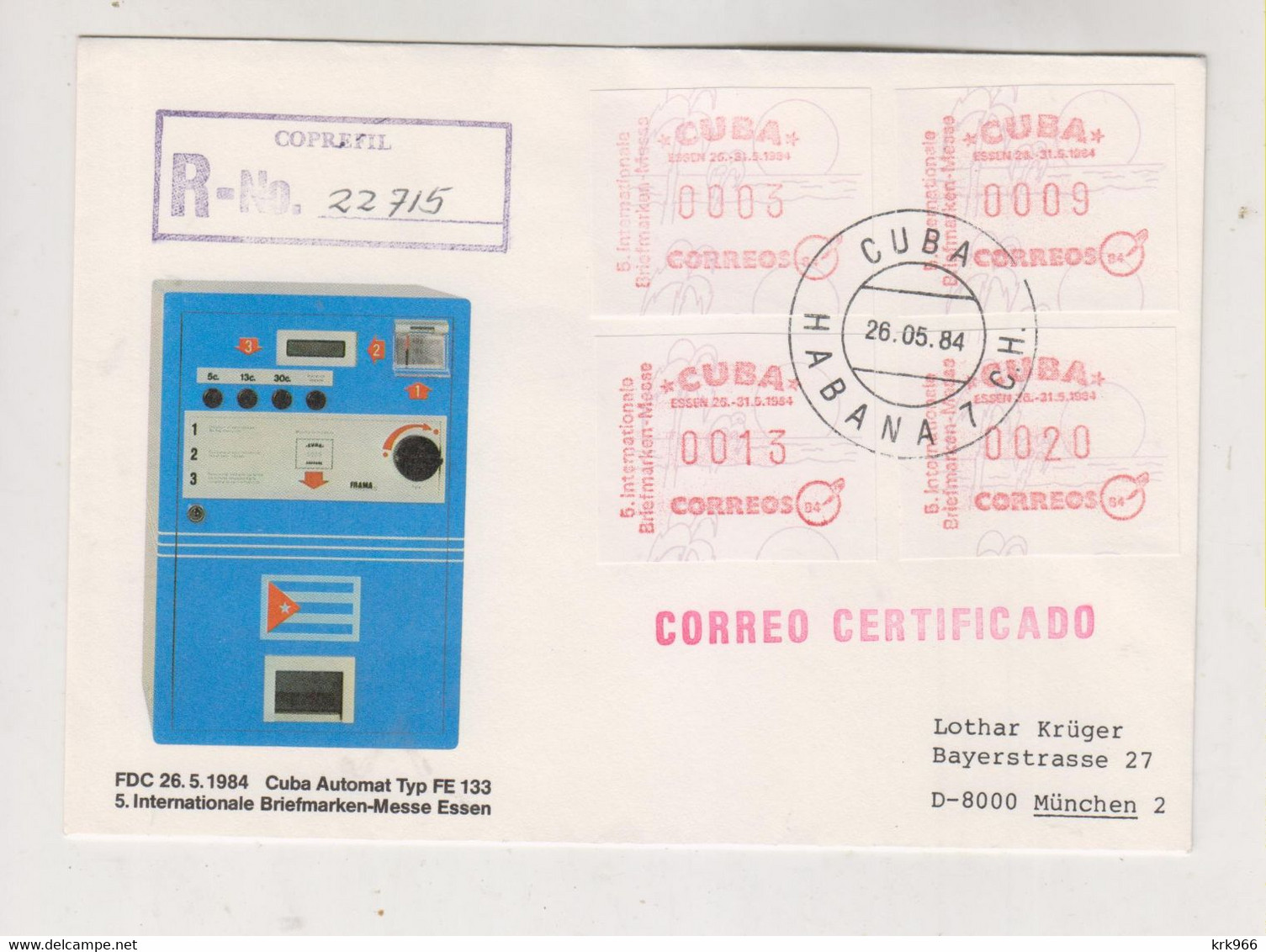 CUBA 1984 HAVANA HABANA ATM Stamps Used On Registered Cover To Germany - Covers & Documents