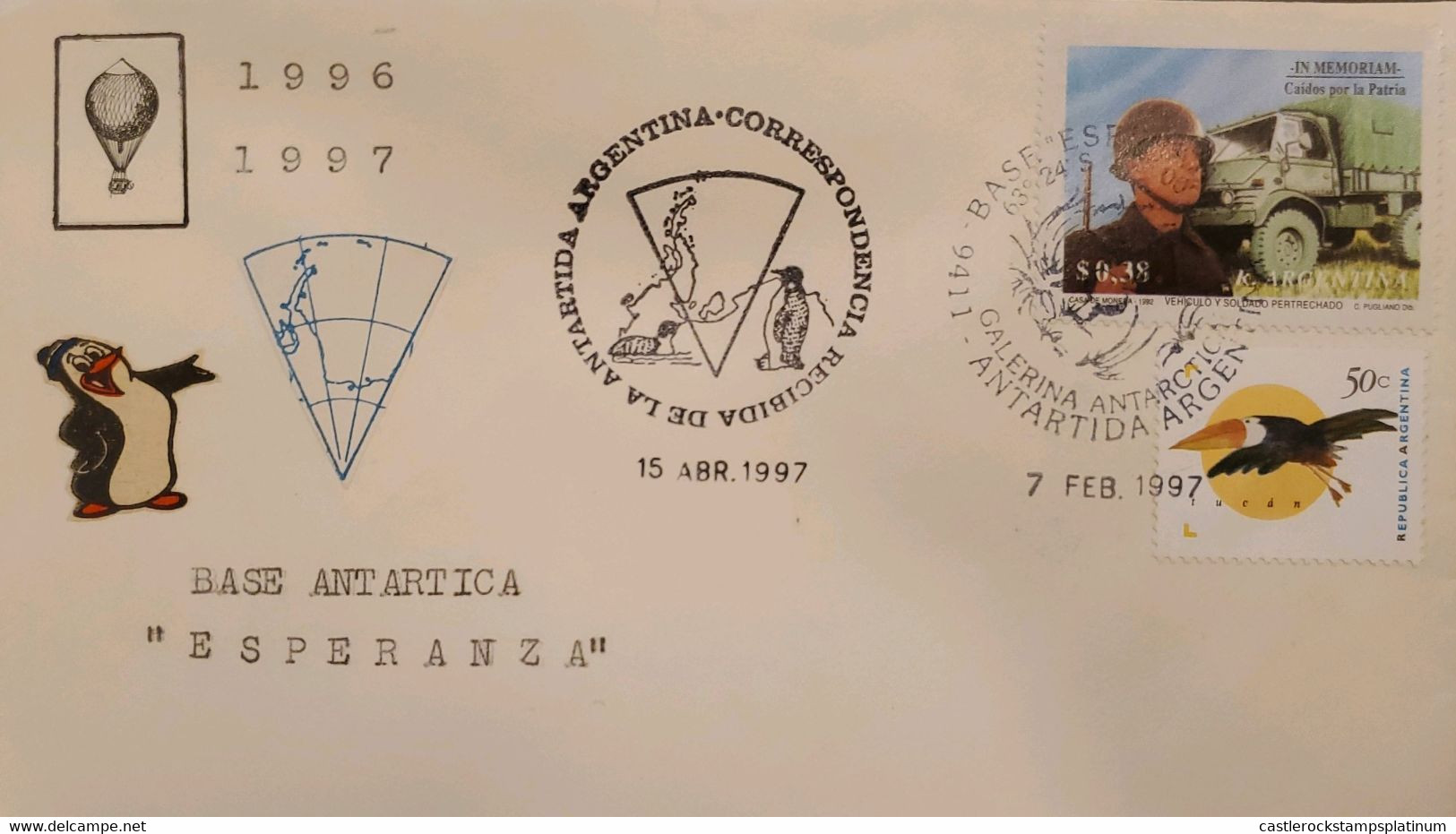 A) 1997, ARGENTINA, ANTARCTIC, HOPE BASE, FALLEN FOR THE COUNTRY, TOUCAN, XF - Covers & Documents
