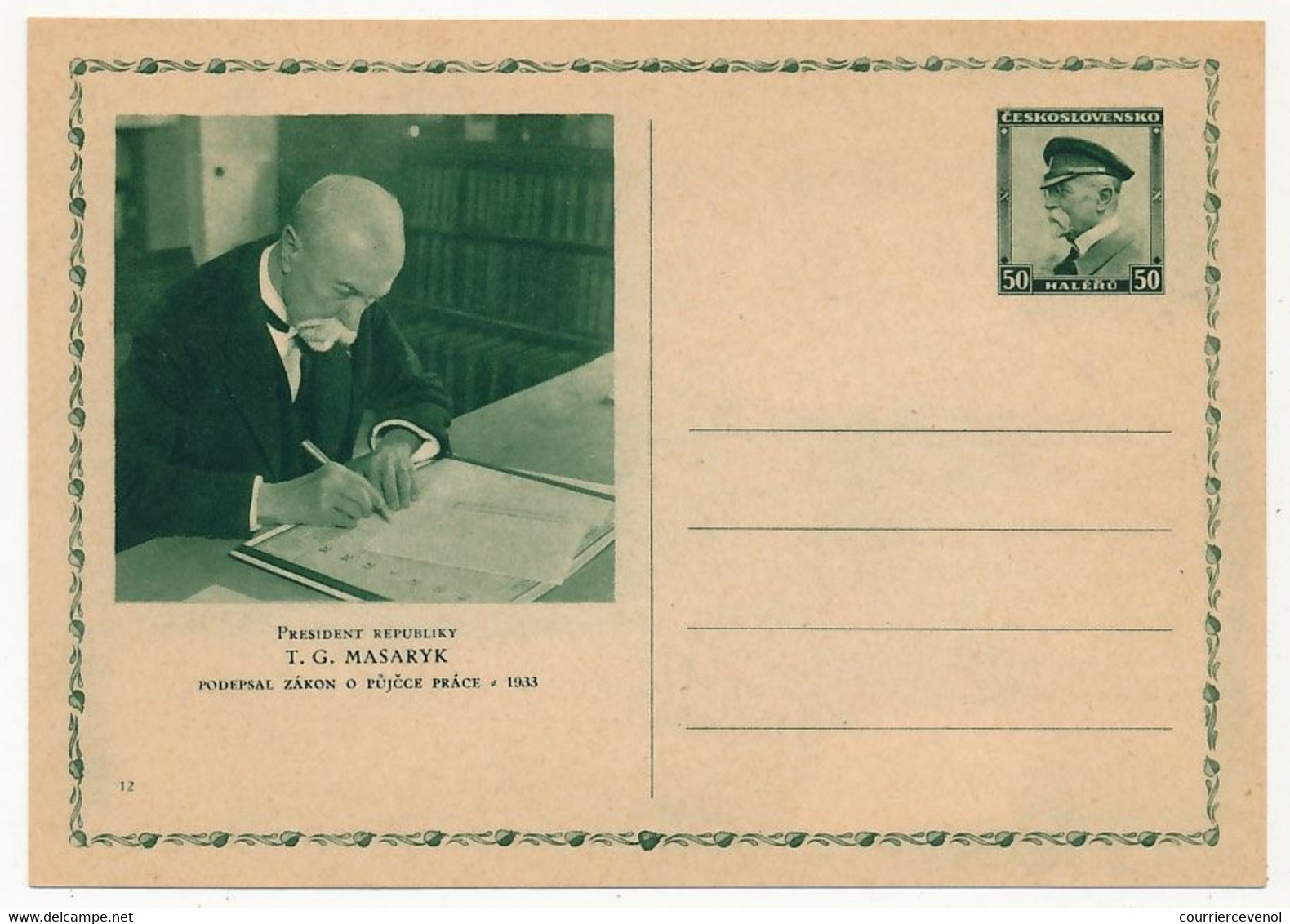 TCHECOSLOVAQUIE - Carte Postale (entier Postal) - Président T.G. MASARYK - Postcards