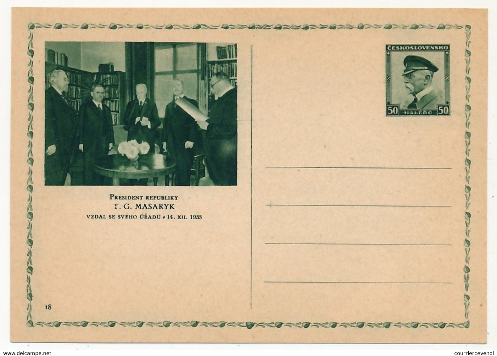 TCHECOSLOVAQUIE - Carte Postale (entier Postal) - Président T.G. MASARYK - Postkaarten