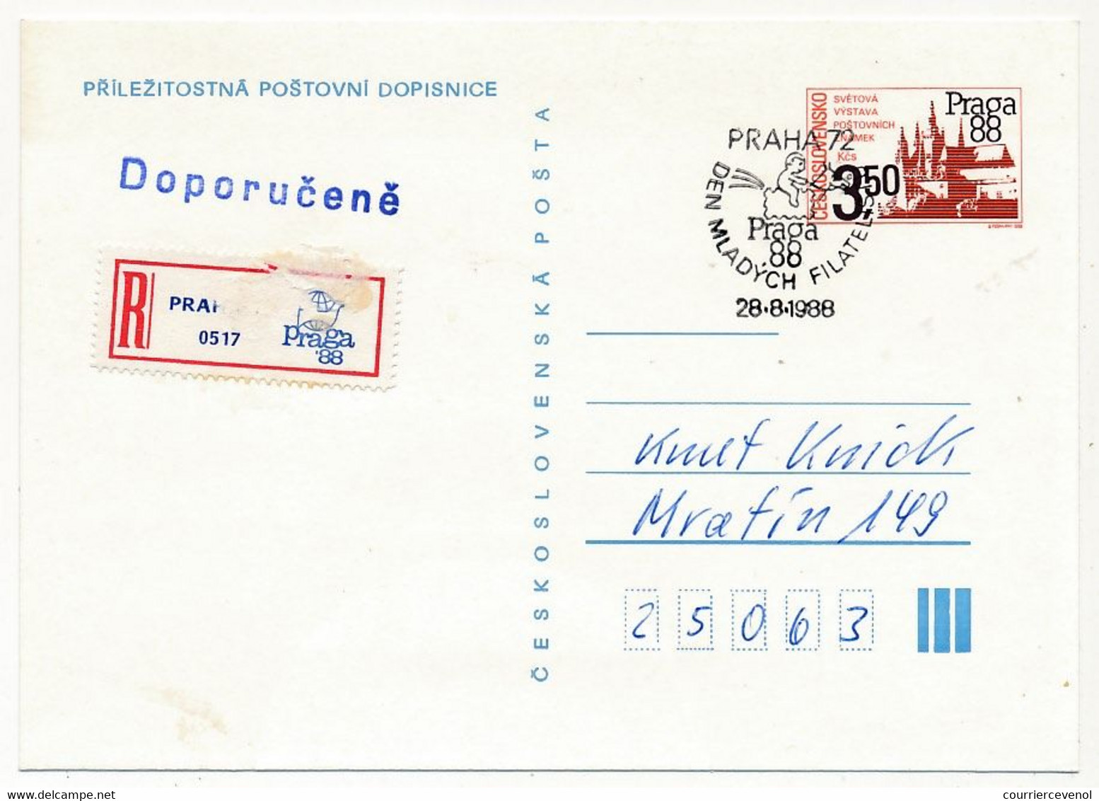 TCHECOSLOVAQUIE - Carte Postale (entier Postal) - Praga 88 - Oblit Temporaire - Postales