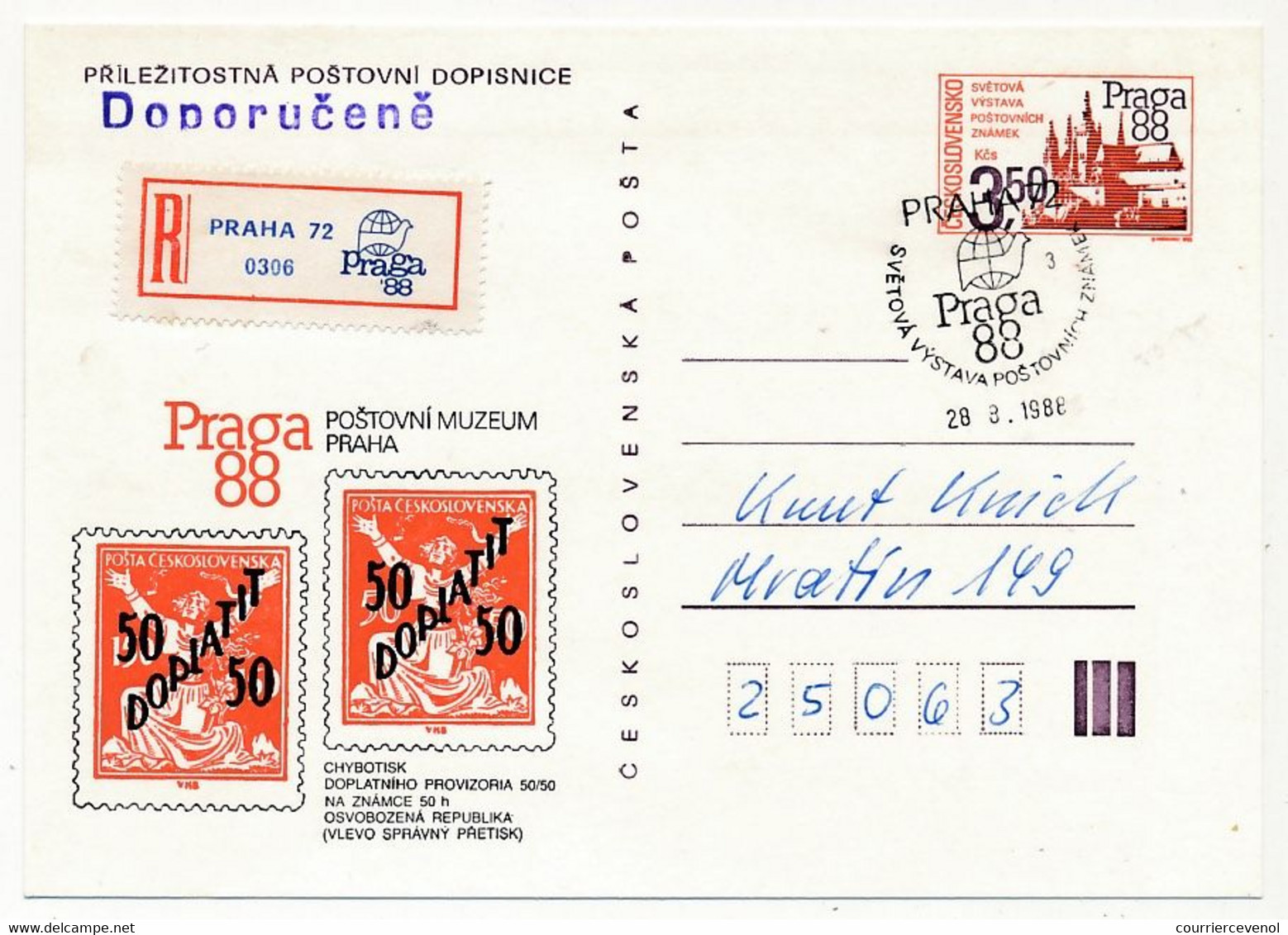 TCHECOSLOVAQUIE - Carte Postale (entier Postal) - Praga 88 - Oblit Temporaire - Postales