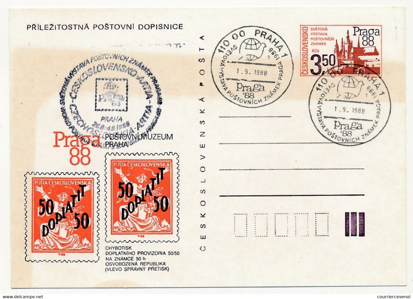 TCHECOSLOVAQUIE - Carte Postale (entier Postal) - Praga 88 - Oblit Temporaire - Ansichtskarten