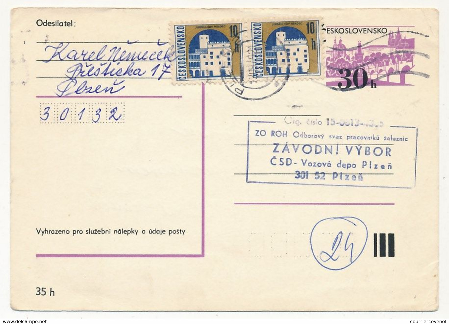 TCHECOSLOVAQUIE - Carte Postale (entier Postal) - Ayant Servi, Affr Complémentaire - Cartes Postales