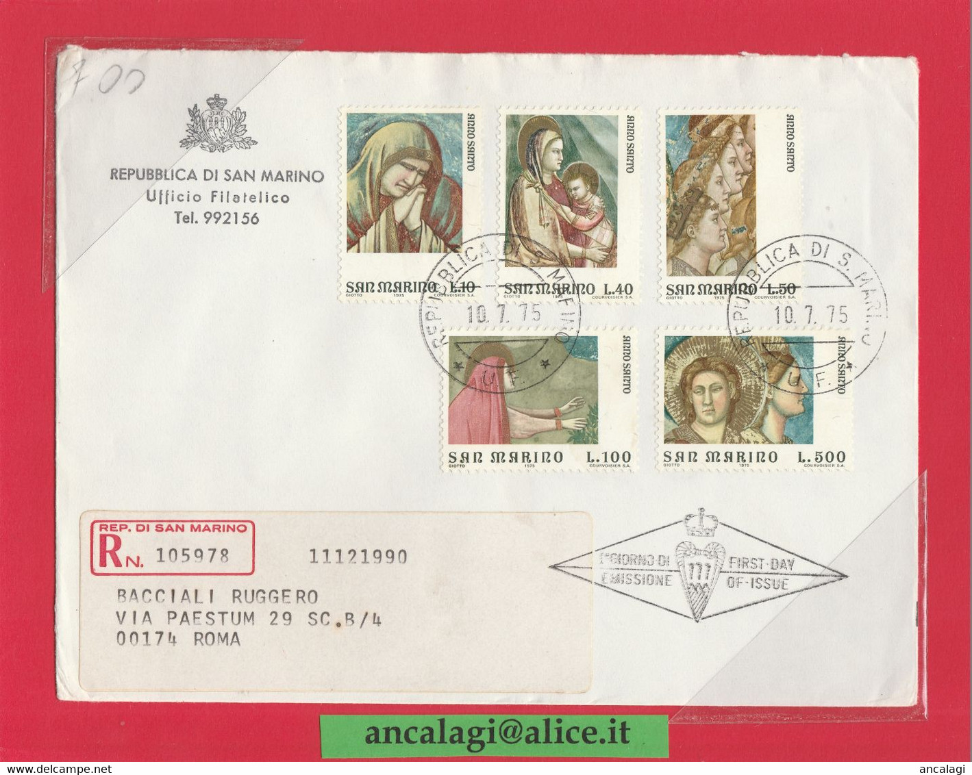 SAN MARINO 1975 - St.Post.054 - Busta FDC Raccomandata, 5v. Serie "ANNO SANTO, Giotto" - Vedi Descrizione - - Lettres & Documents