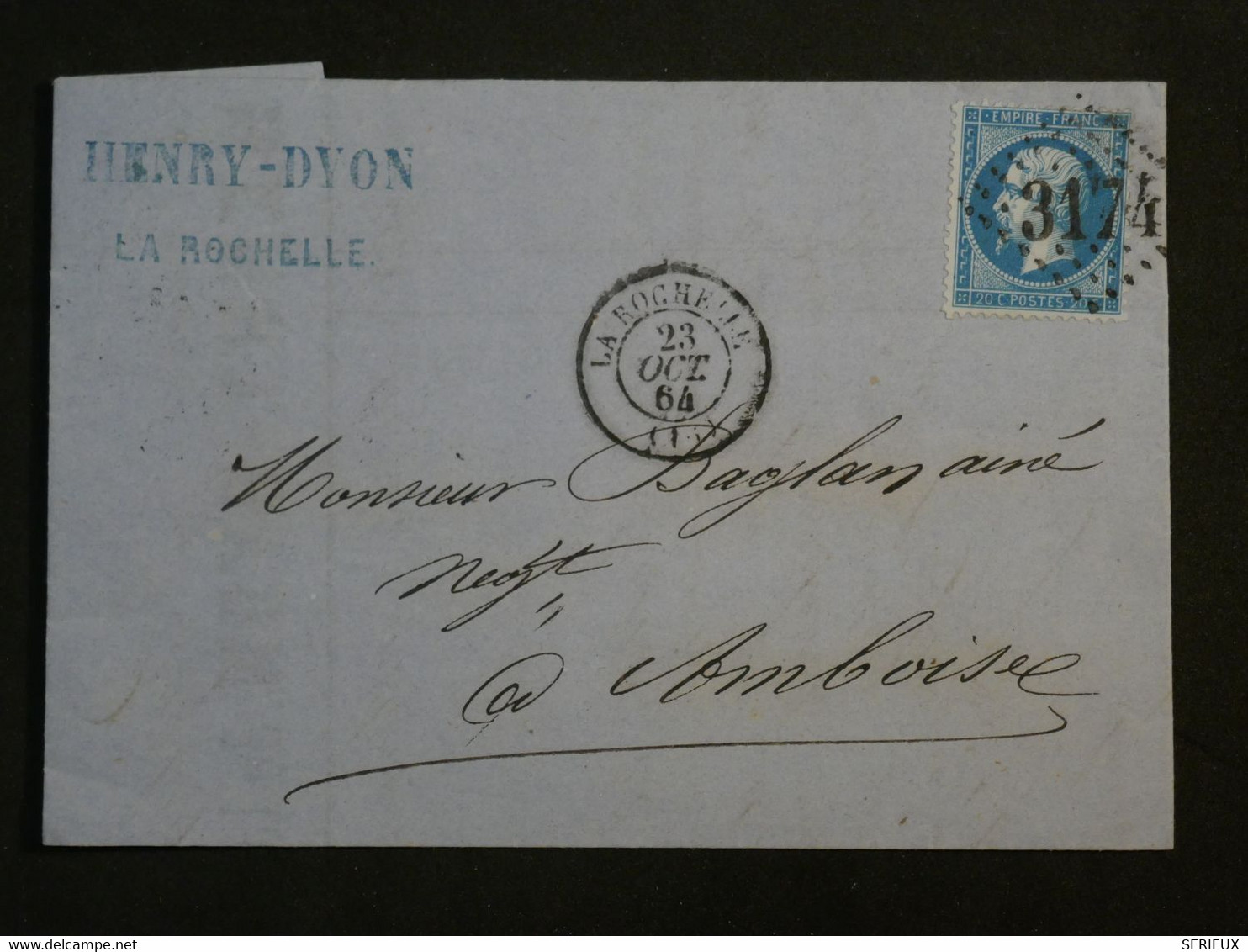 BM10  FRANCE  BELLE LETTRE   1864 LA ROCHELLE A AMBOISE +N°22+AFFRANCH.INTERESSANT++++ - 1862 Napoléon III.