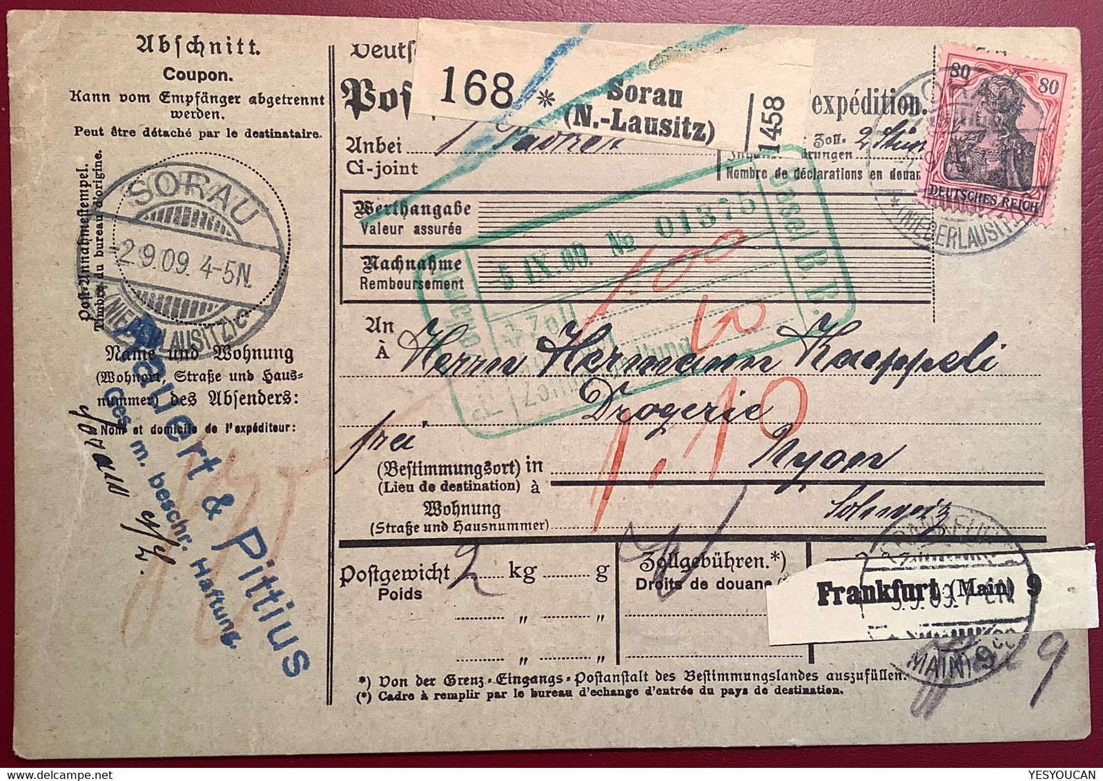 SORAU NIEDERLAUSITZ 1909 Germania Mi 93 I  EF Paketkarte Via Frankfurt Main>Droguerie Nyon Schweiz (colis Postal - Briefe U. Dokumente