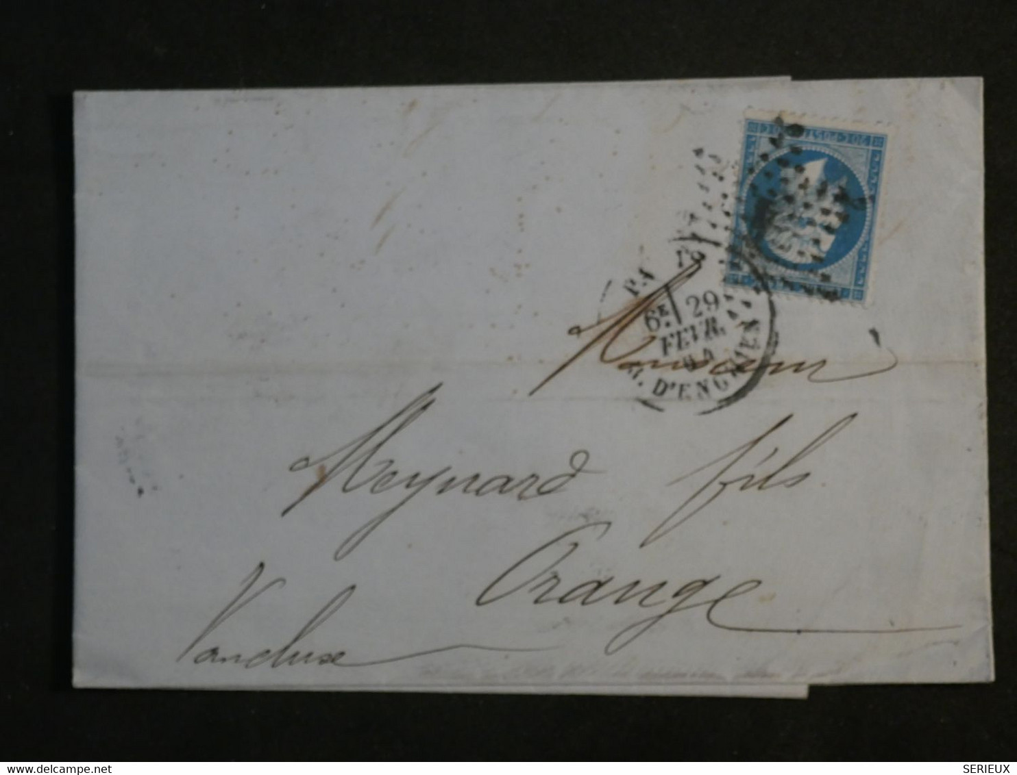 BM10  FRANCE  BELLE LETTRE   1865 ETOILE DE PARIS RUE D ENGHIEN  A  ORANGE  +N°22+AFFRANCH.   INTERESSANT++++ - 1862 Napoléon III.