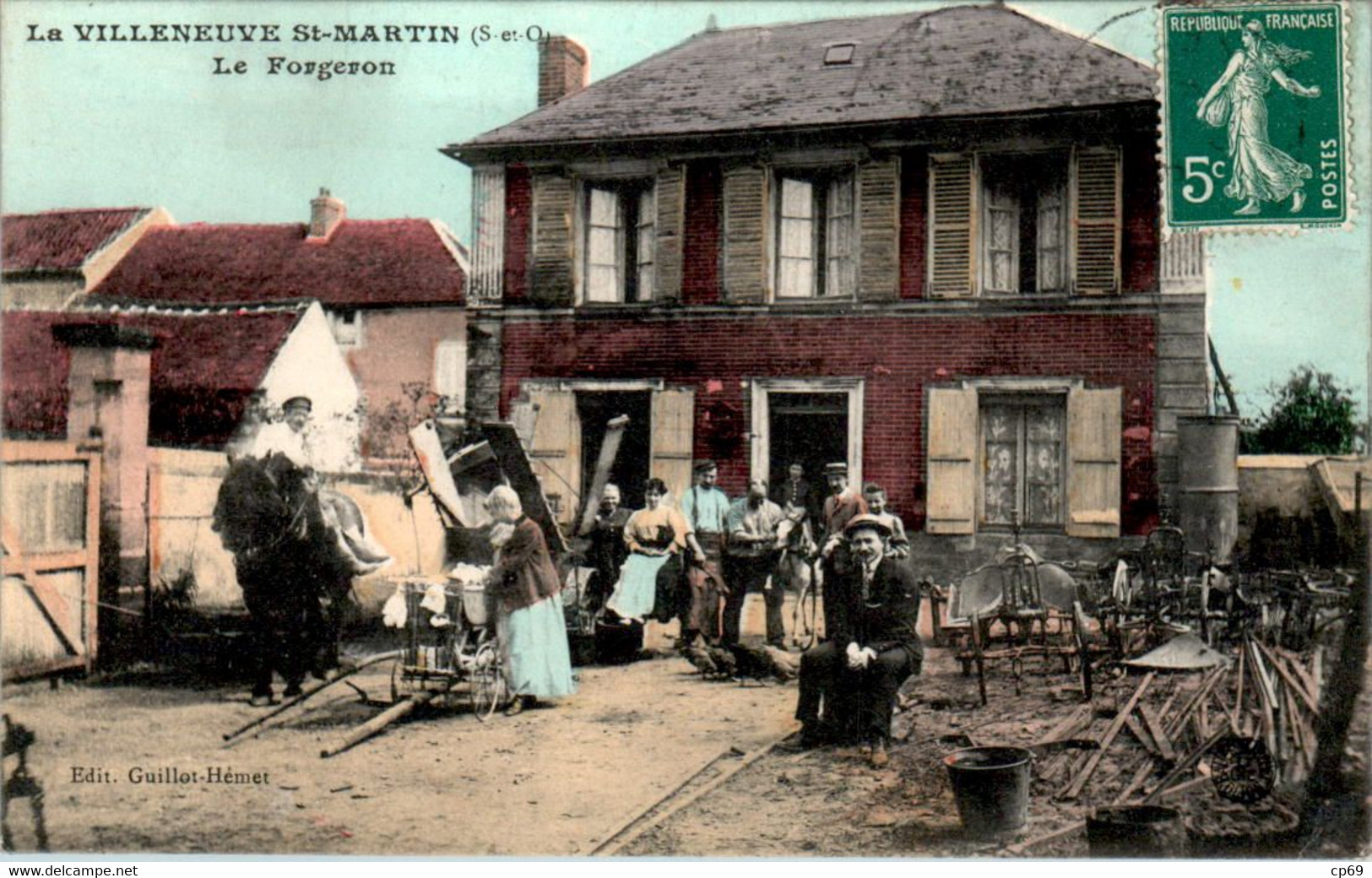 Villeneuve-Saint-Martin Commune Ableiges Le Forgeron 铁匠 Cheval Horse 鍛冶屋 Val-D'Oise Cpa Couleur Voyagée 1910 Rare TB.E - Other & Unclassified
