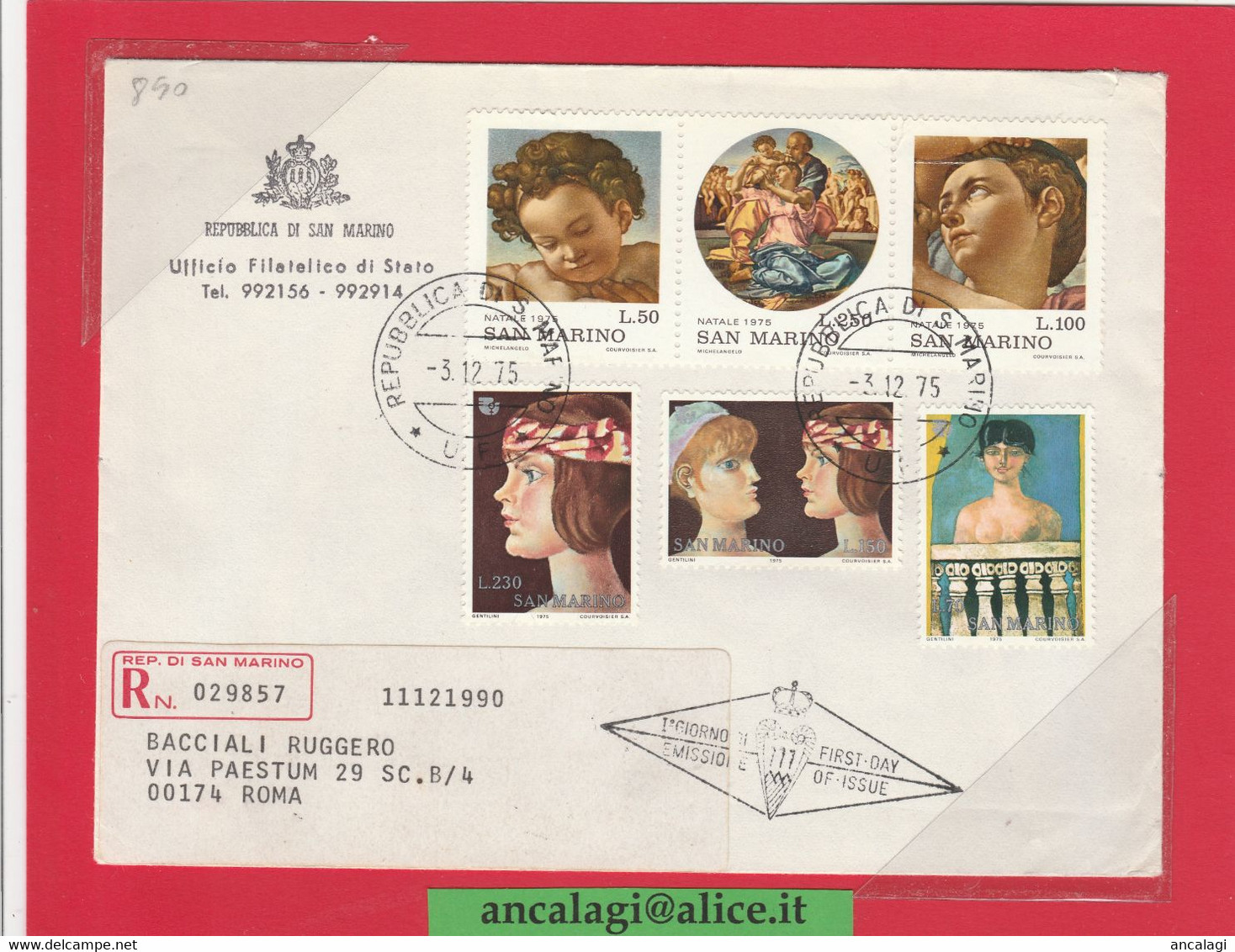 SAN MARINO 1975 - St.Post.056 - Busta FDC Raccomandata, 3v. Serie "NATALE" In Trittico - Vedi Descrizione - - Briefe U. Dokumente